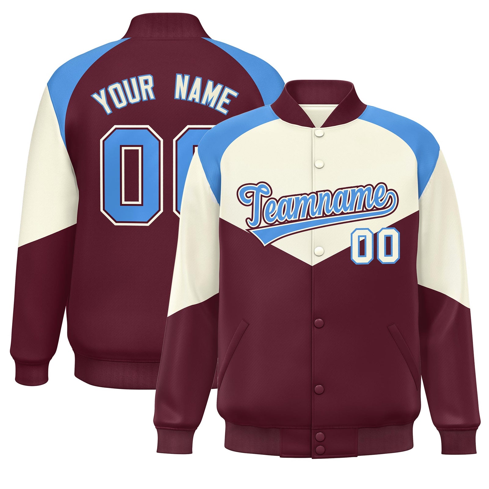 Custom Cream Crimson Varsity Full-Snap Color Block Letterman Jacket