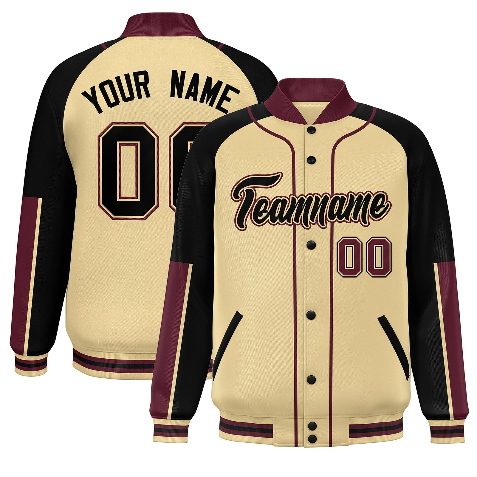 Custom Khaki Black-Crimson Raglan Sleeves Varsity Full-Snap Letterman Baseball Jacket