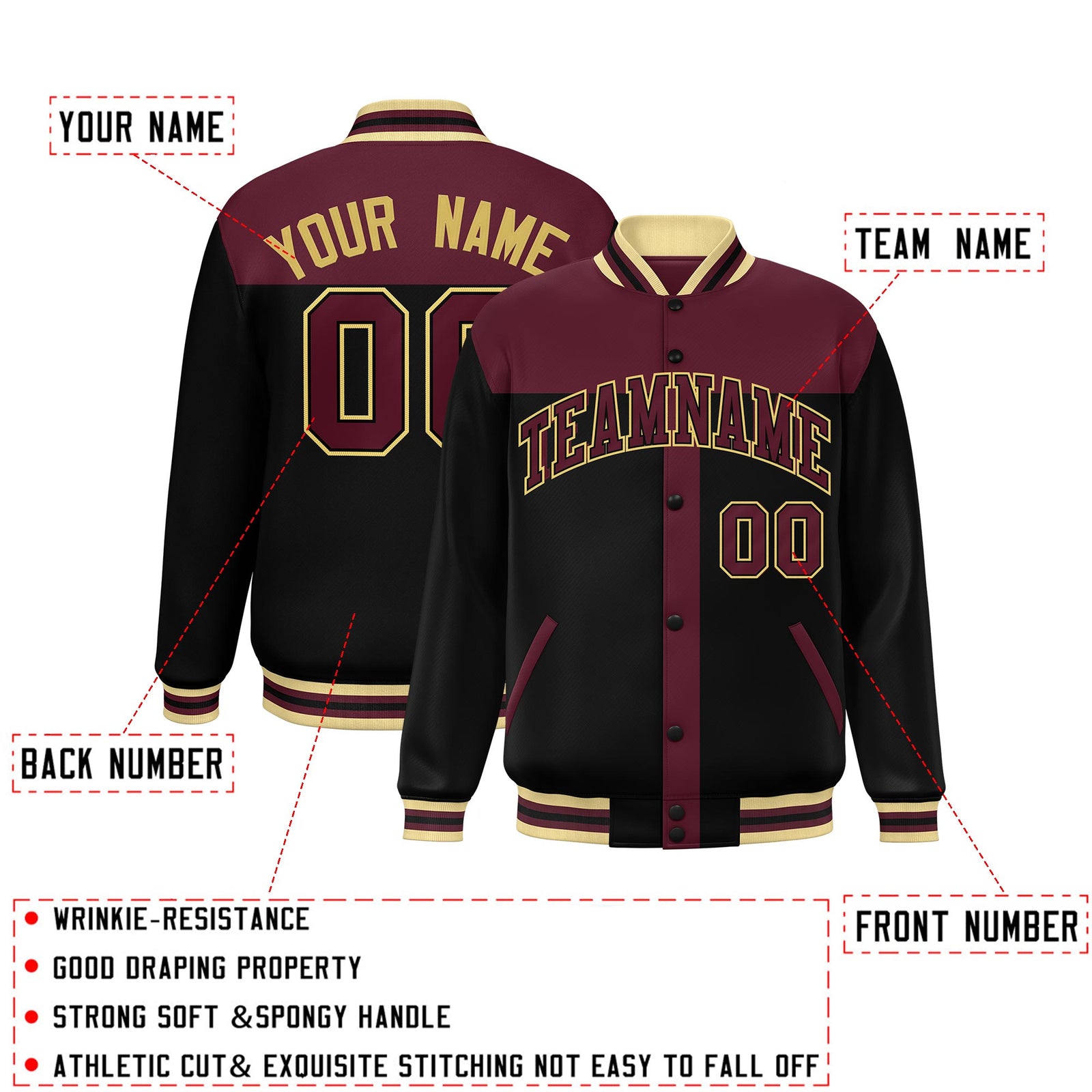Custom Crimson Black Color Block Bomber Varsity Baseball Jacket