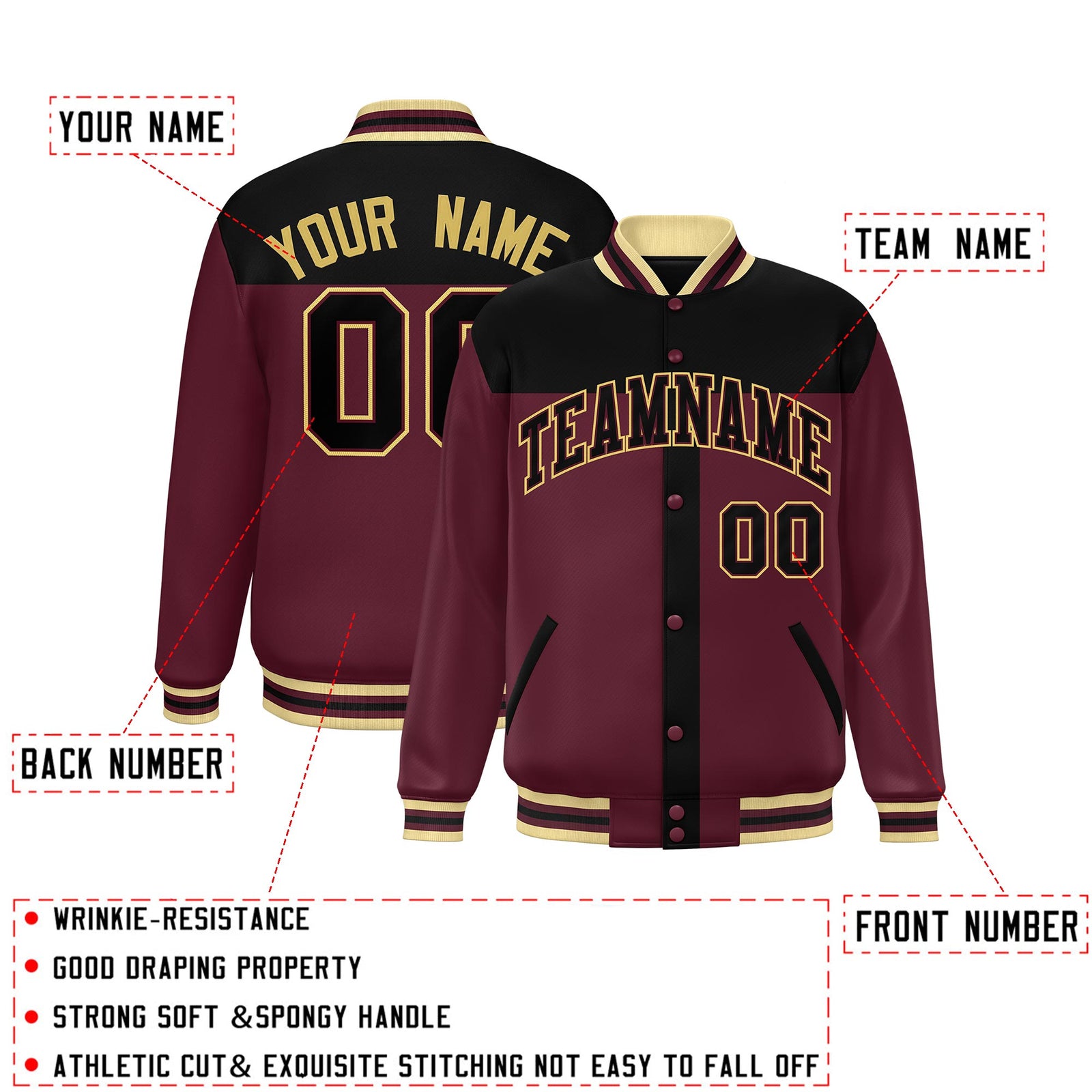 Custom Black Crimson Color Block Bomber Varsity Baseball Jacket