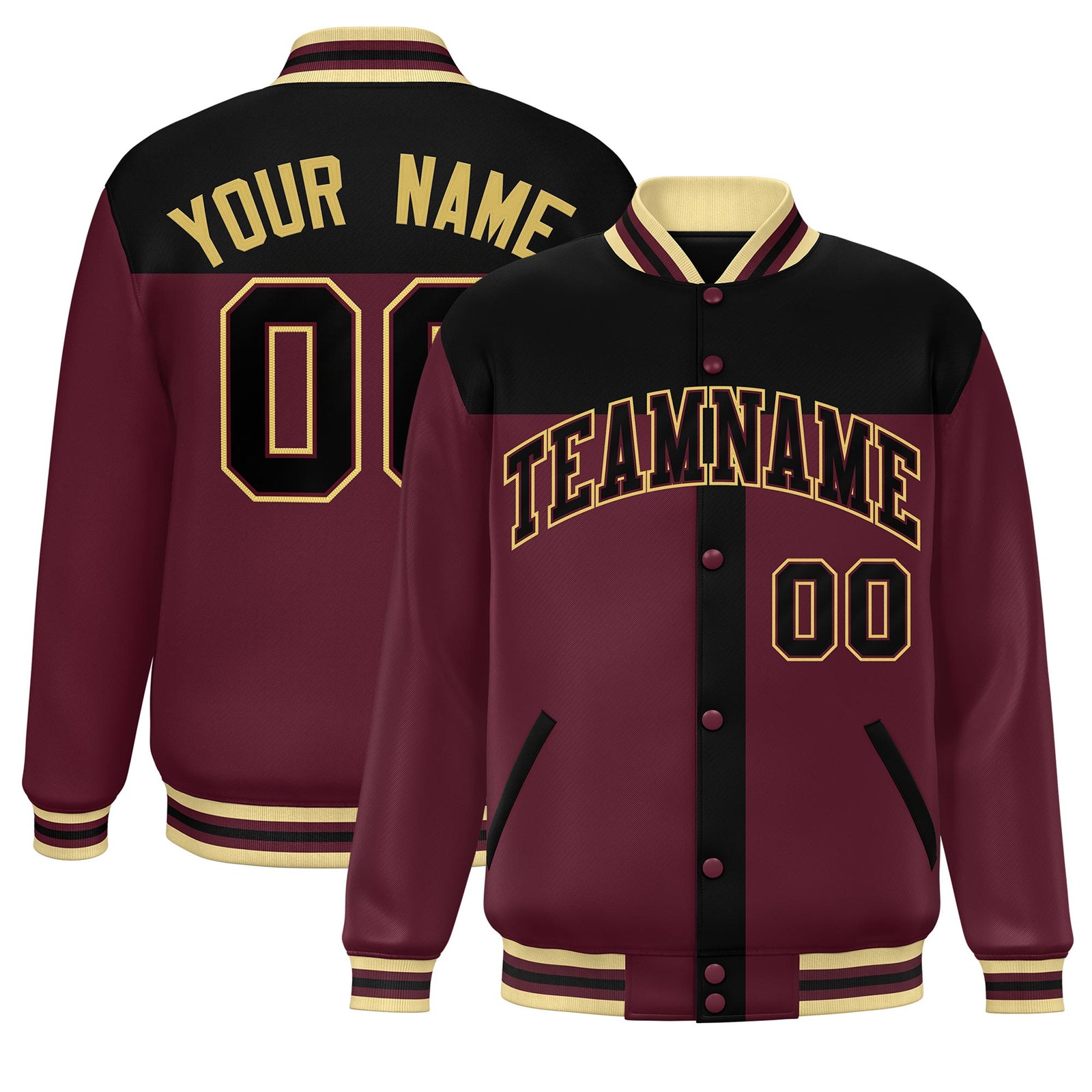Custom Black Crimson Color Block Bomber Varsity Baseball Jacket