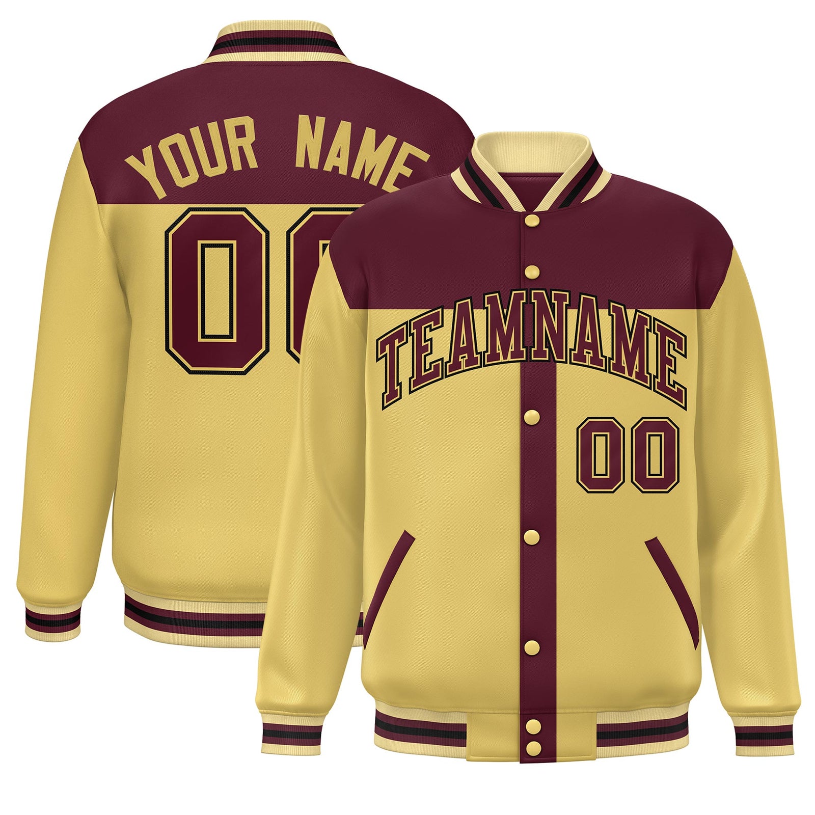 Custom Crimson Khaki Color Block Bomber Varsity Baseball Jacket