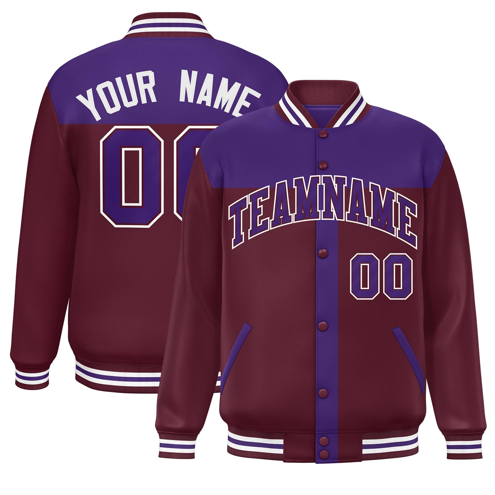 Custom Purple Crimson Color Block Bomber Varsity Baseball Jacket