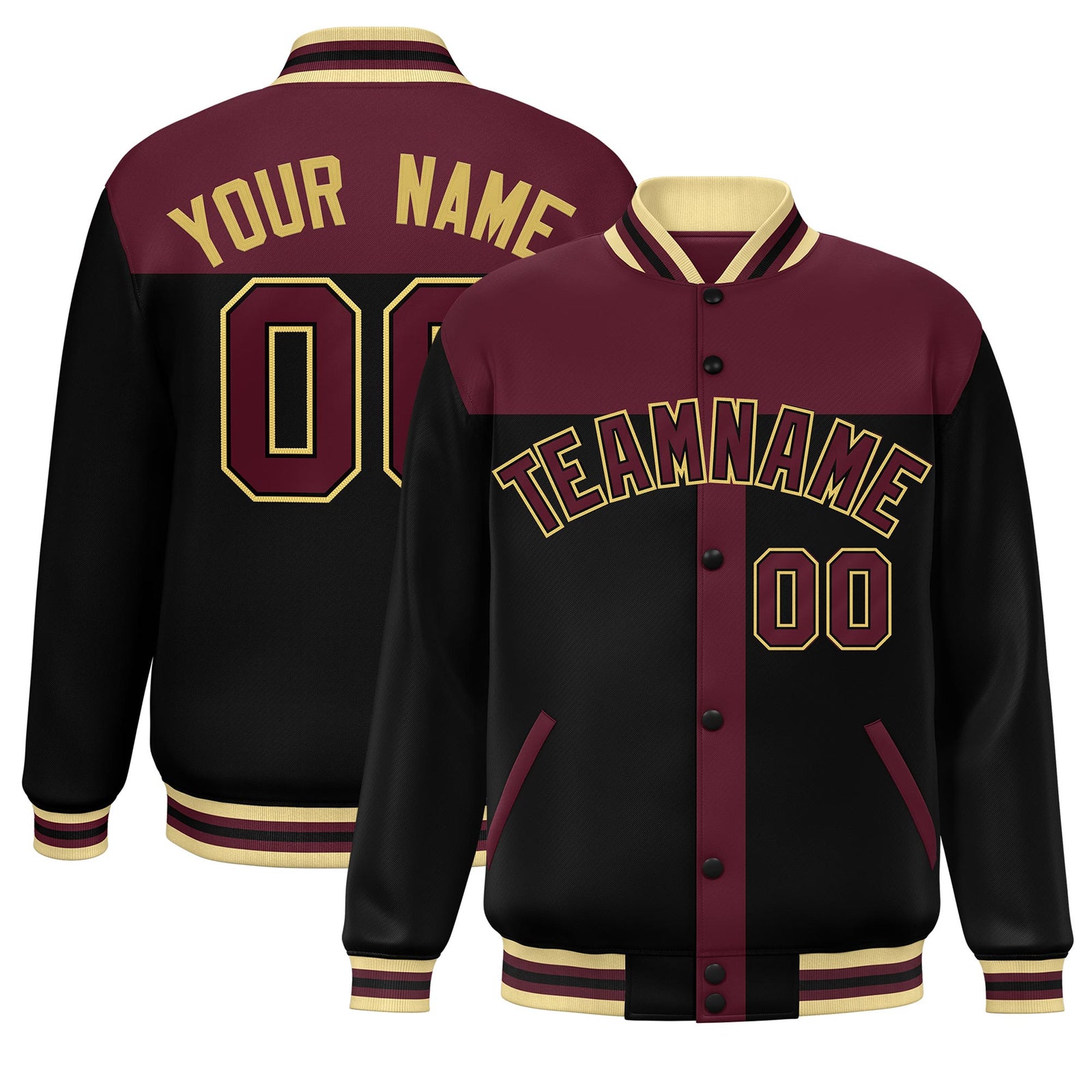 Custom Crimson Black Color Block Bomber Varsity Baseball Jacket