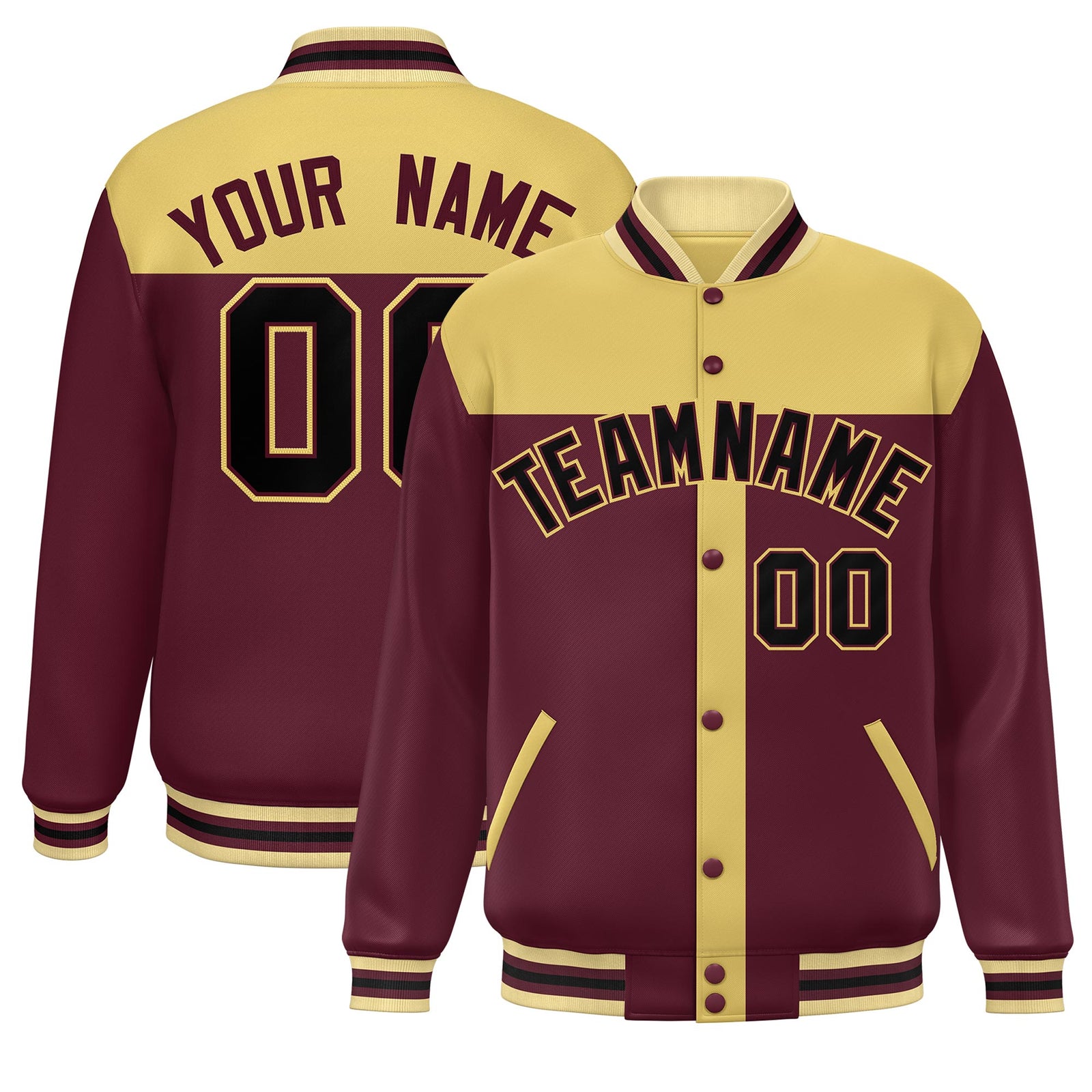 Custom Khaki Crimson Color Block Bomber Varsity Baseball Jacket