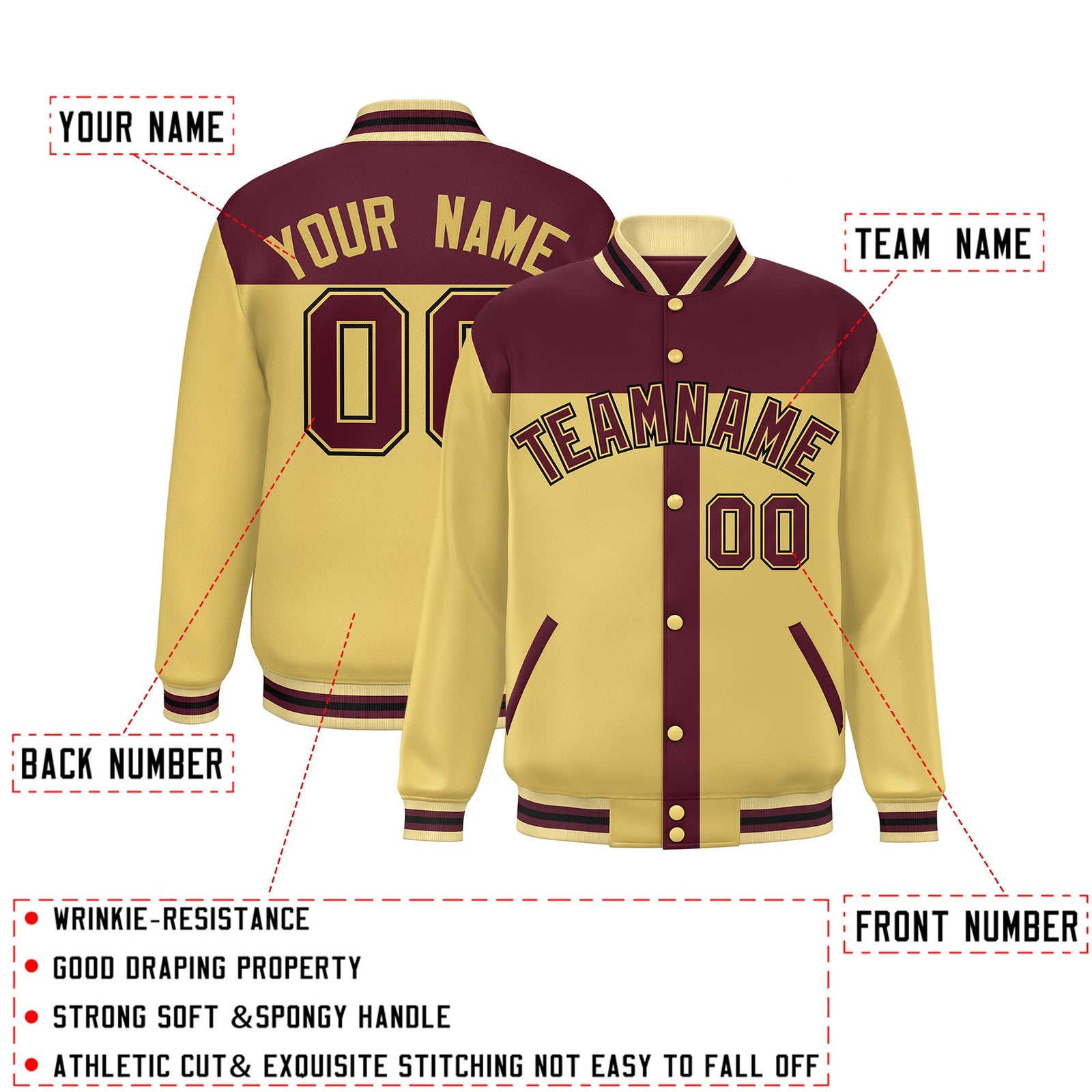 Custom Crimson Khaki Color Block Bomber Varsity Baseball Jacket