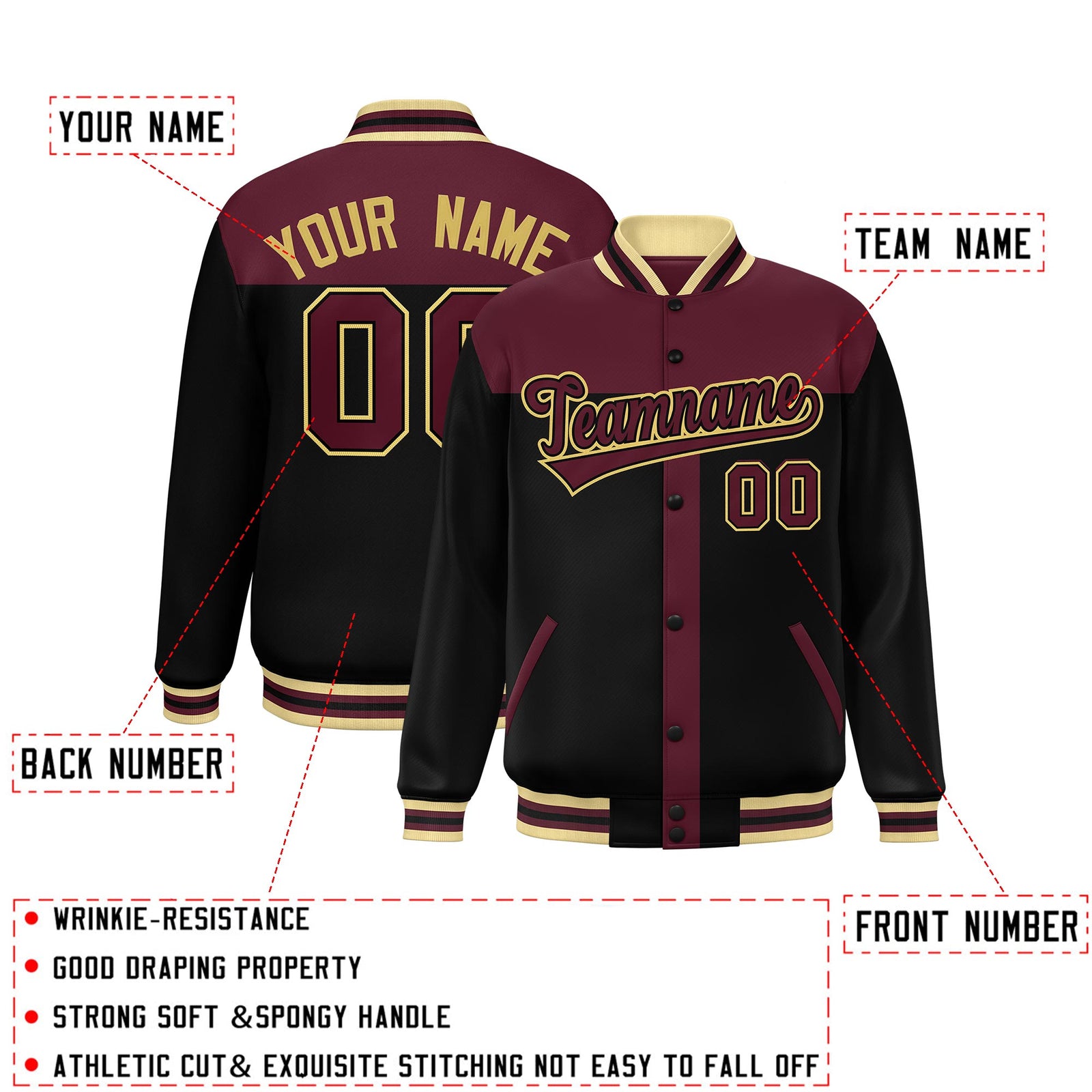 Custom Crimson Black Color Block Bomber Varsity Baseball Jacket