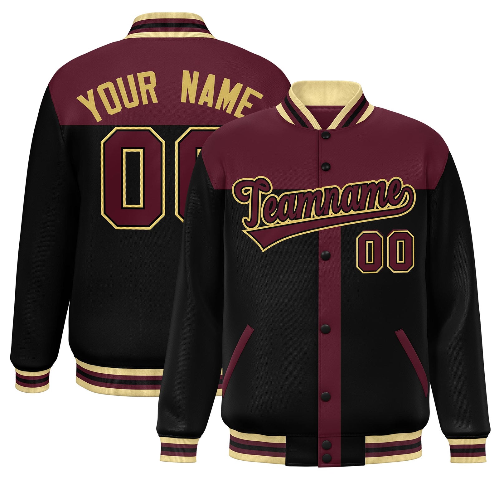 Custom Crimson Black Color Block Bomber Varsity Baseball Jacket