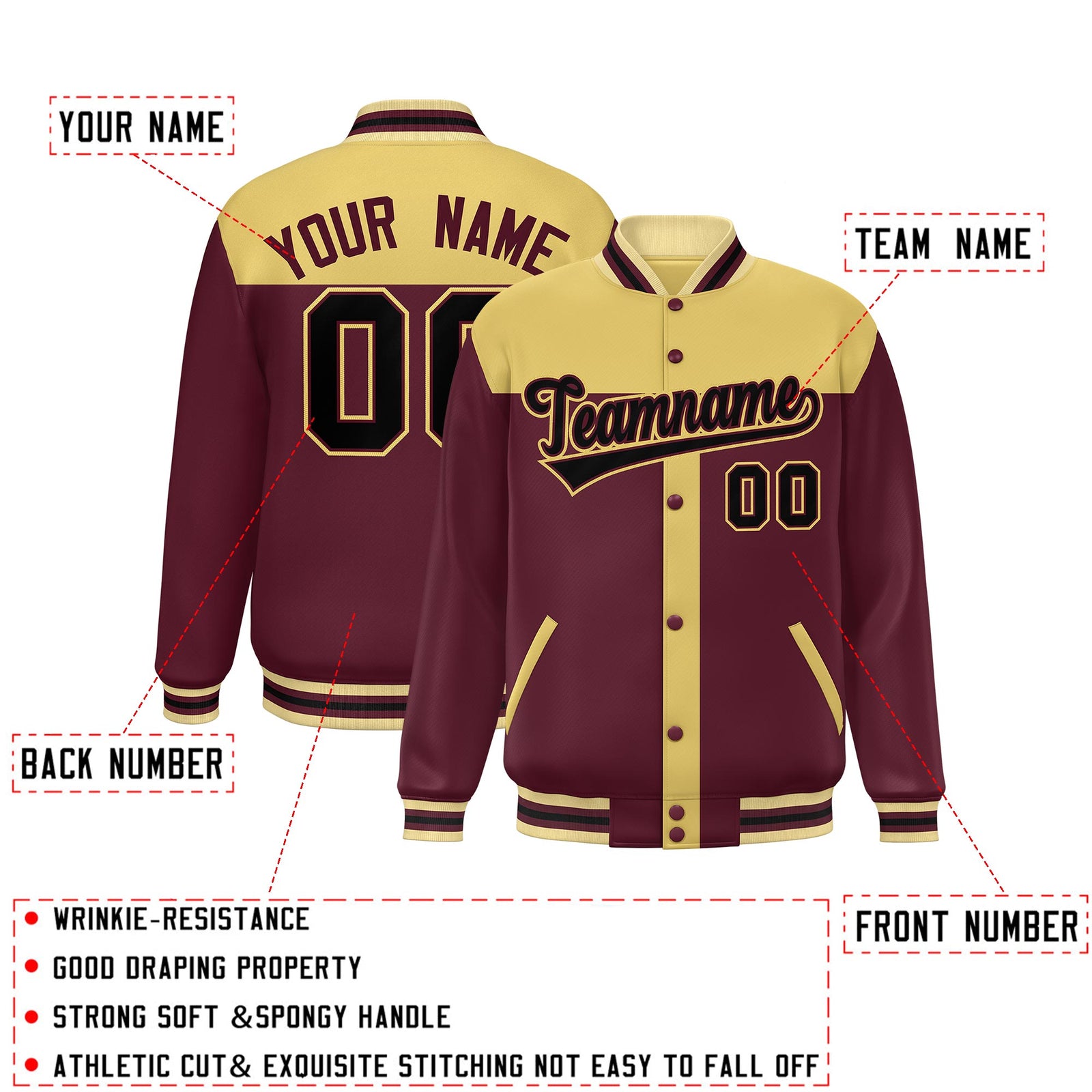 Custom Khaki Crimson Color Block Bomber Varsity Baseball Jacket