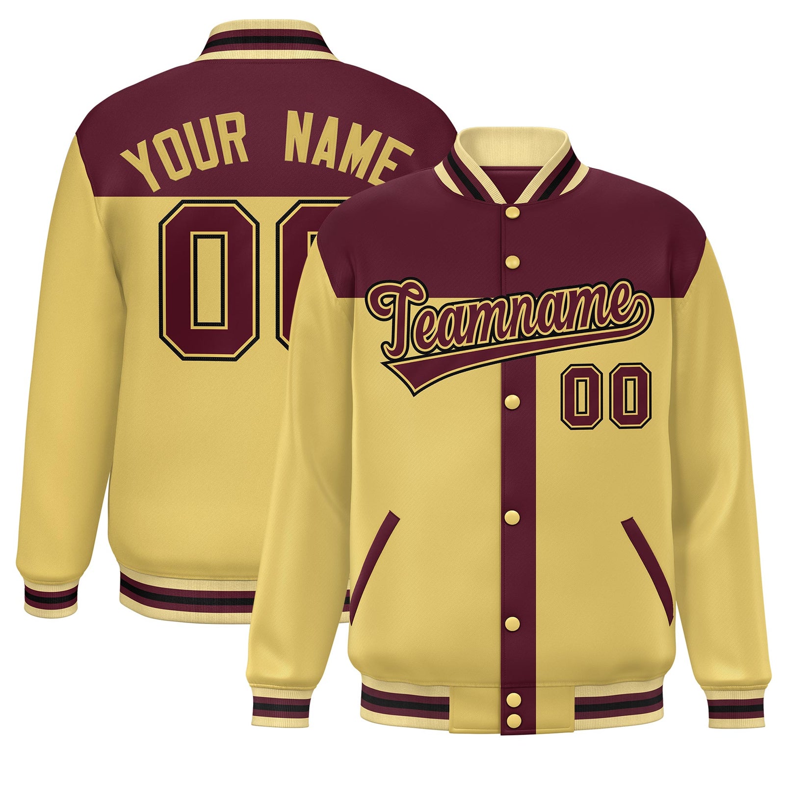 Custom Crimson Khaki Color Block Bomber Varsity Baseball Jacket