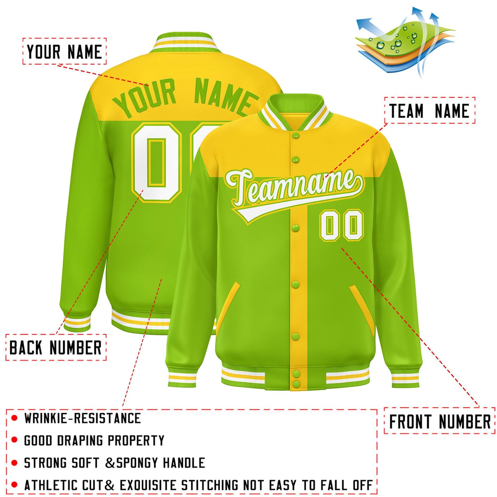 Custom Gold Neon Green Color Block Bomber Varsity Baseball Jacket