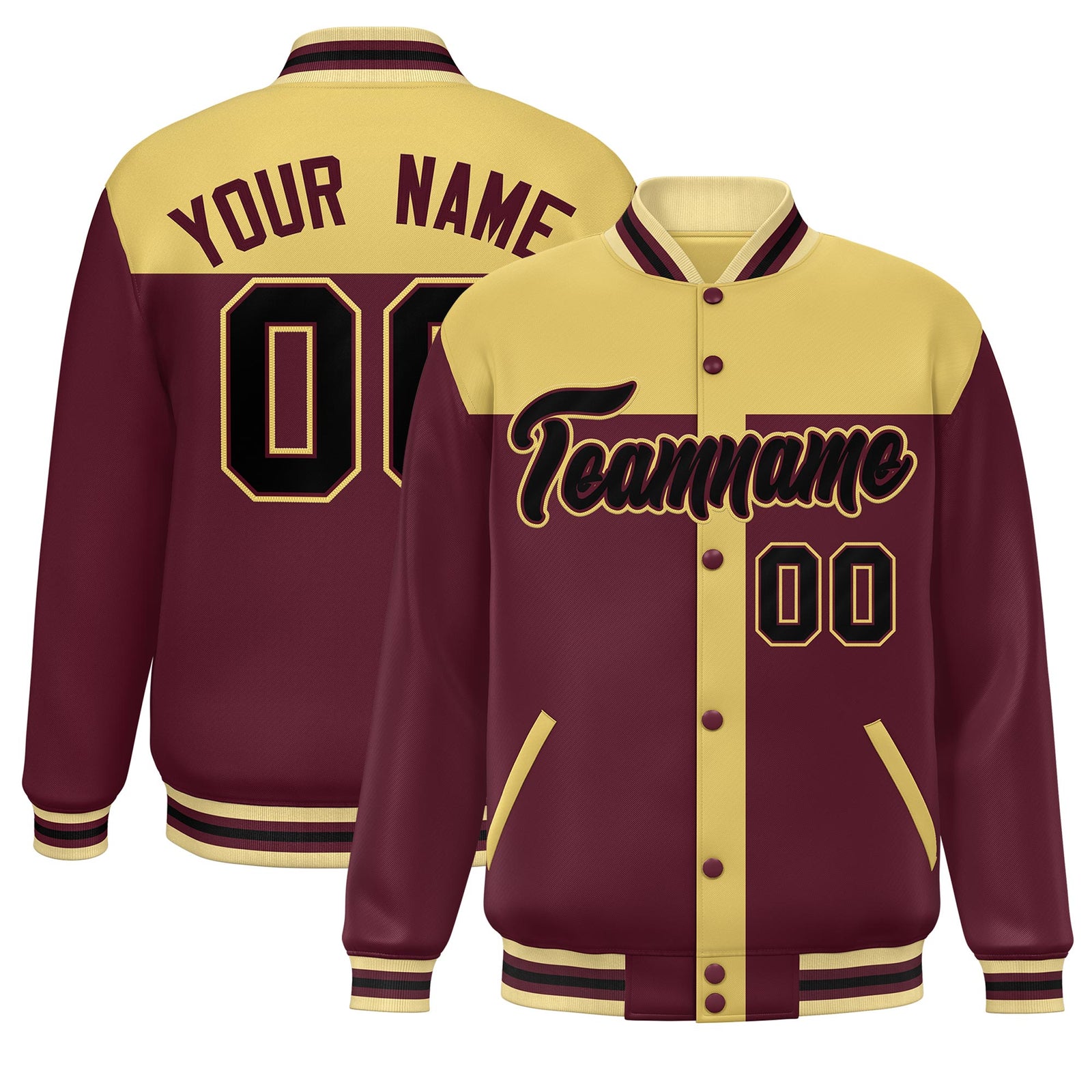 Custom Khaki Crimson Color Block Bomber Varsity Baseball Jacket