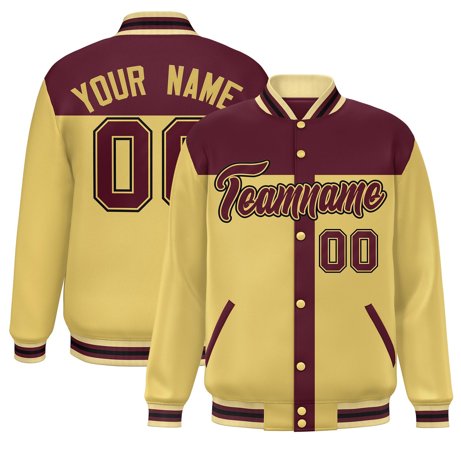 Custom Crimson Khaki Color Block Bomber Varsity Baseball Jacket