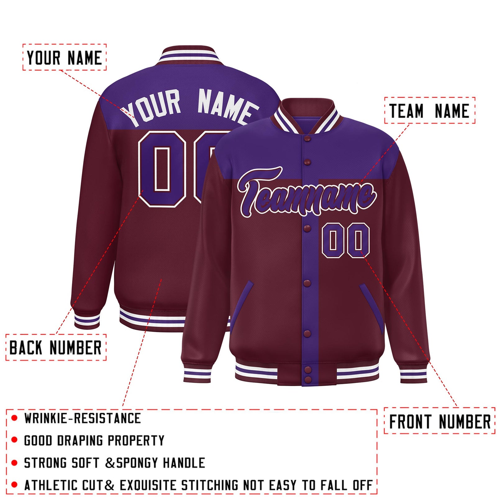 Custom Purple Crimson Color Block Bomber Varsity Baseball Jacket