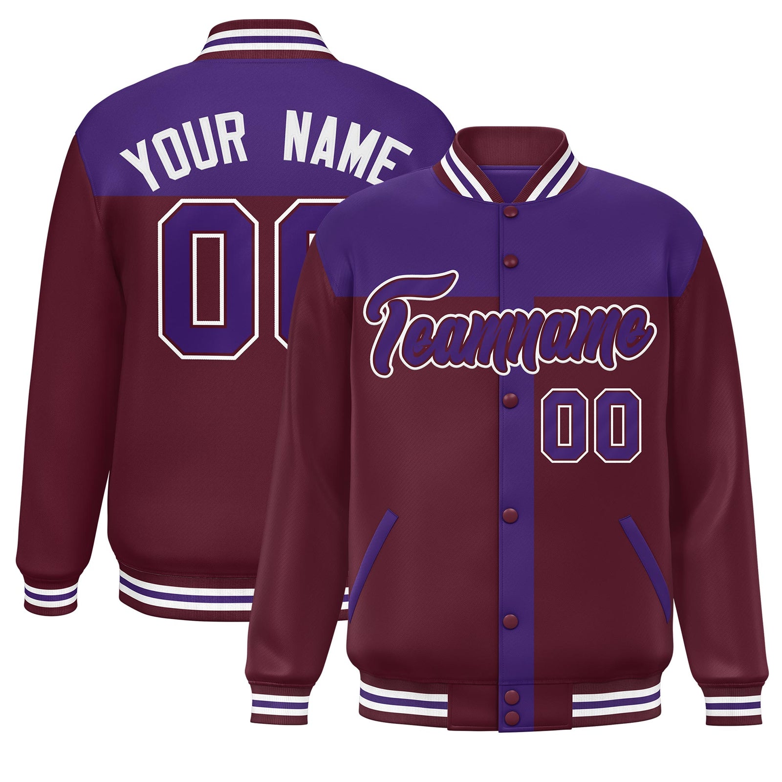 Custom Purple Crimson Color Block Bomber Varsity Baseball Jacket