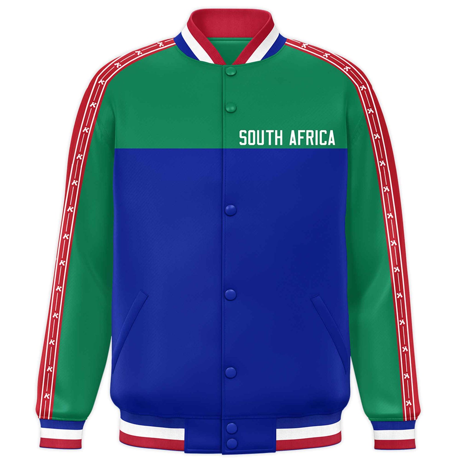 Custom Royal Kelly Green Raglan Sleeves Varsity Full-Snap Color Block Letterman Prido Jacket