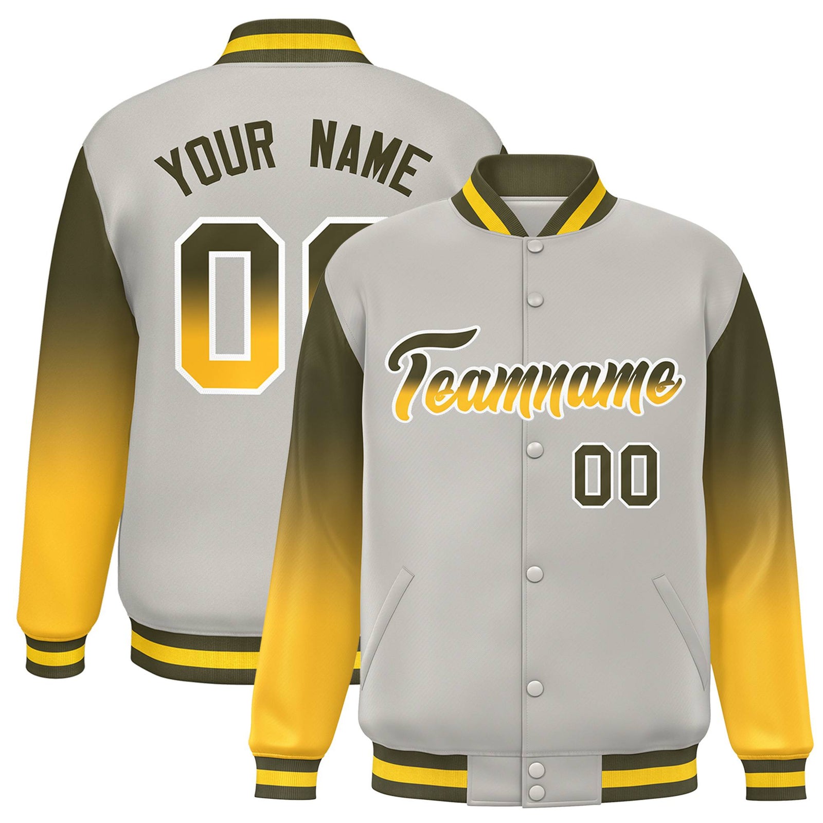 Custom Gray Olive-Gold Gradient Varsity Full-Snap Raglan Sleeves Baseball Jacket