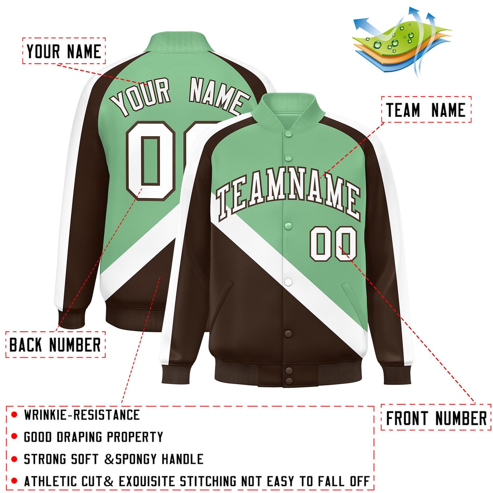 Custom Green Brown Raglan Sleeves Varsity Full-Snap Letterman Baseball Jacket