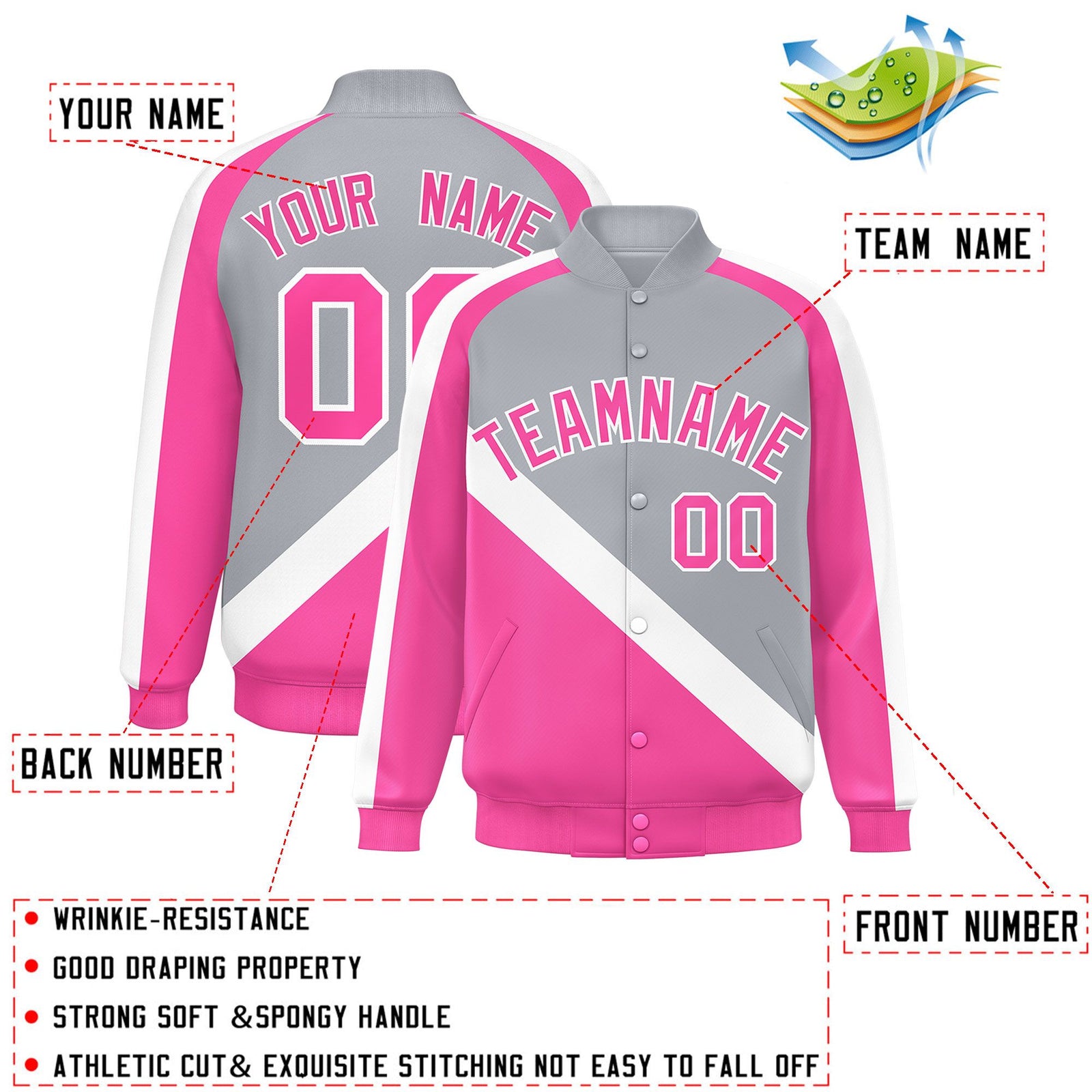 Custom Gray Pink Raglan Sleeves Varsity Full-Snap Letterman Baseball Jacket