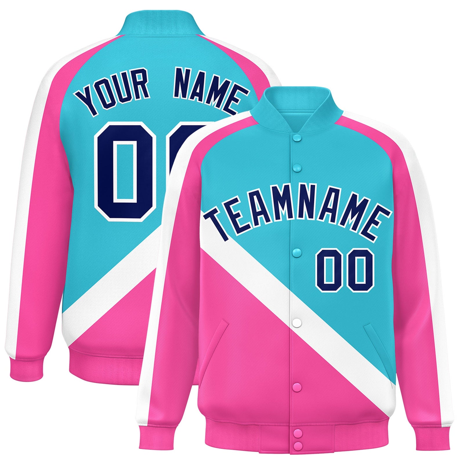 Custom Sky Blue Pink Raglan Sleeves Varsity Full-Snap Letterman Baseball Jacket