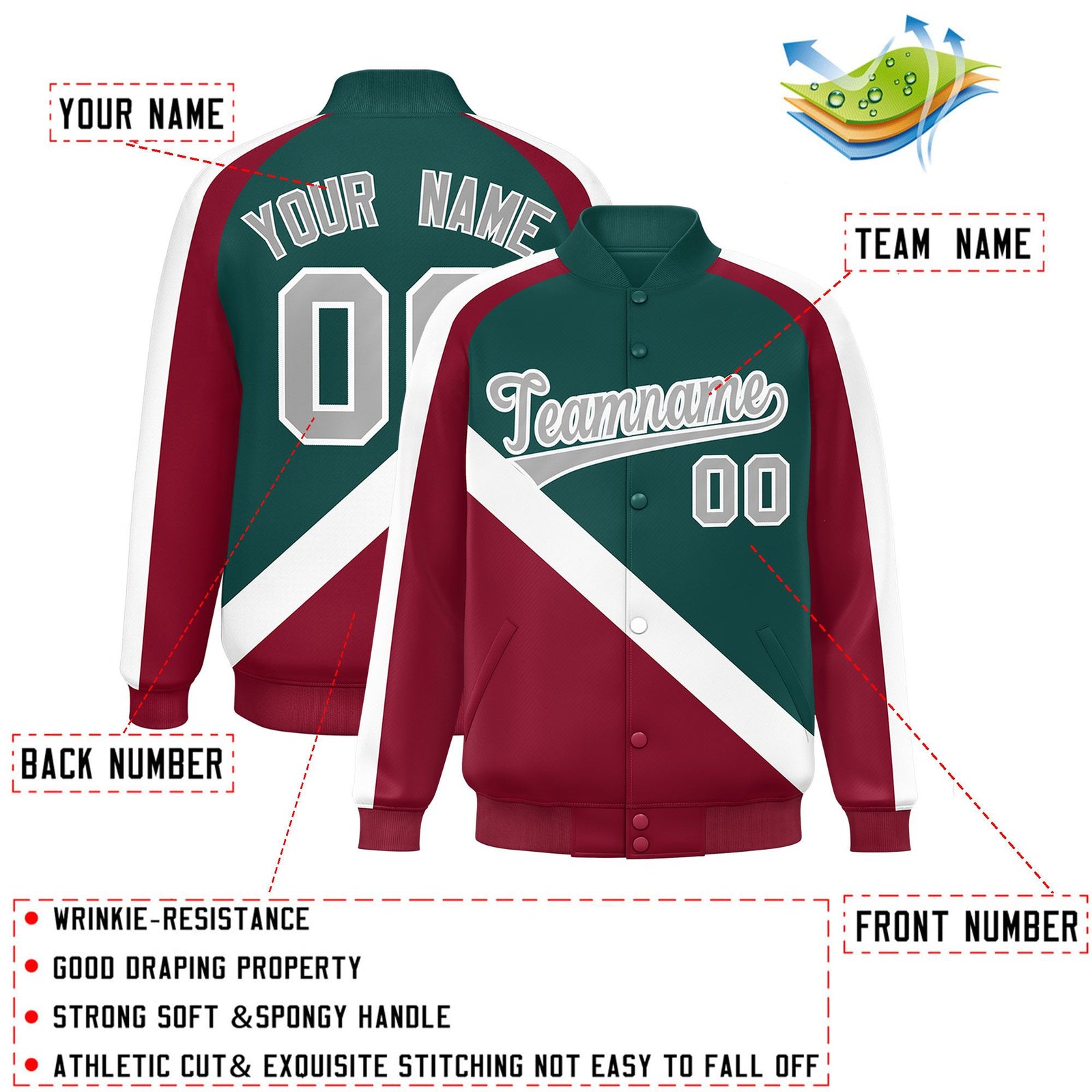 Custom Midnight Green Crimson Raglan Sleeves Varsity Full-Snap Letterman Baseball Jacket