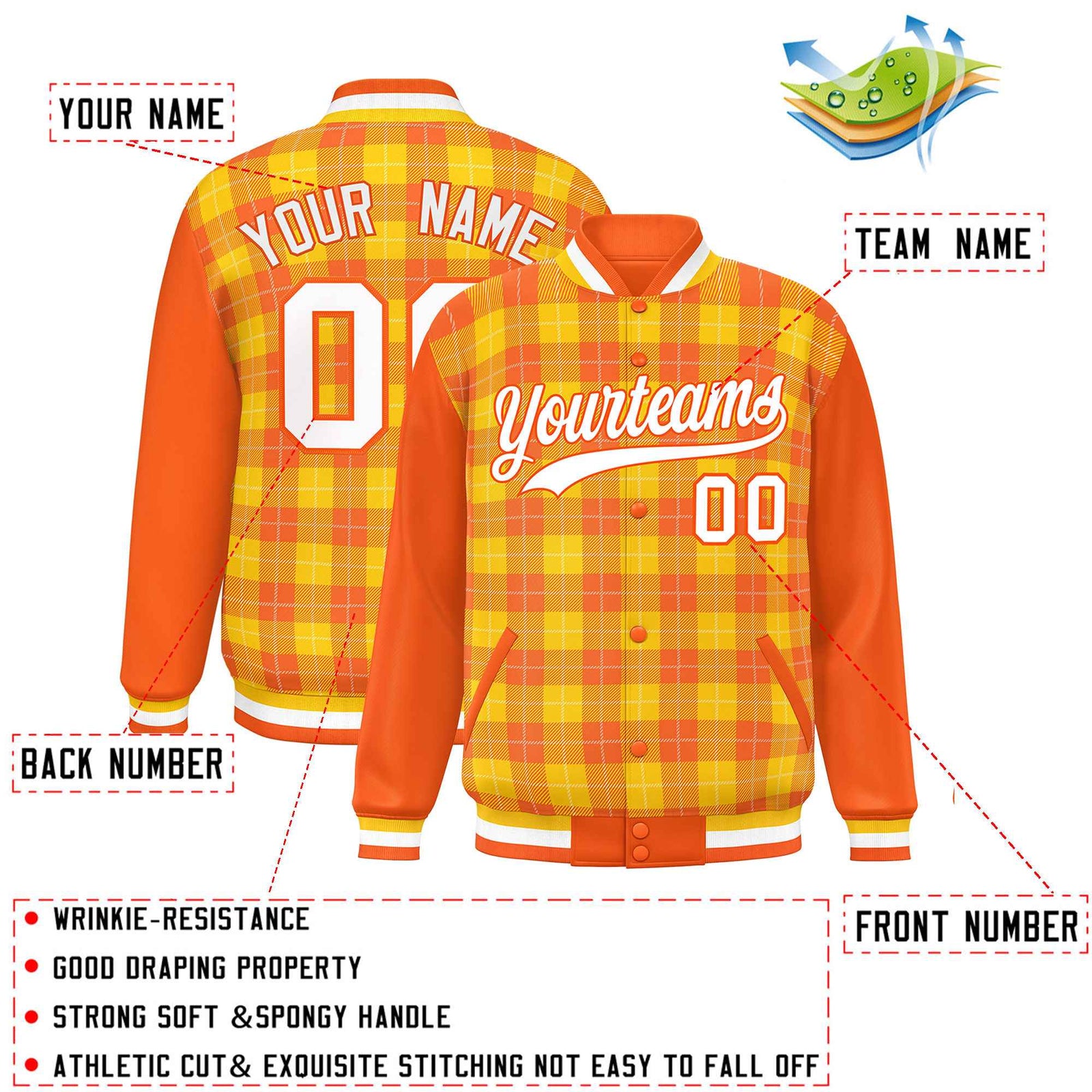 Custom Gold Orange-White Varsity Full-Snap Plaid Pattern Letterman Baseball Jacket