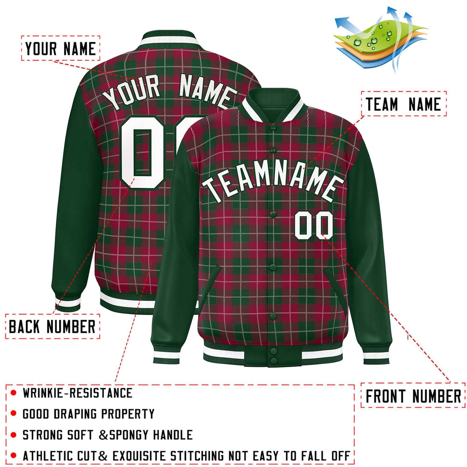Custom Crimson Green-White Varsity Full-Snap Plaid Pattern Letterman Baseball Jacket
