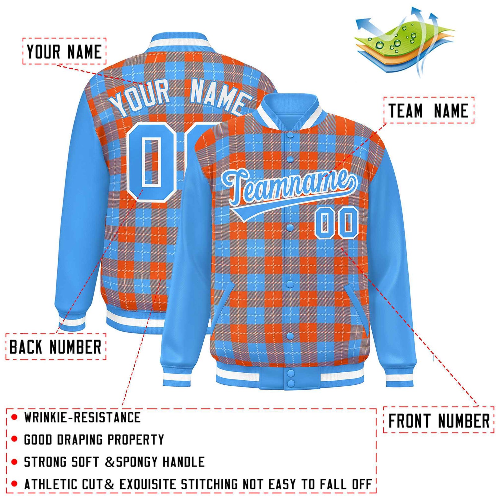Custom Orange Powder Blue-White Varsity Full-Snap Plaid Pattern Letterman Baseball Jacket