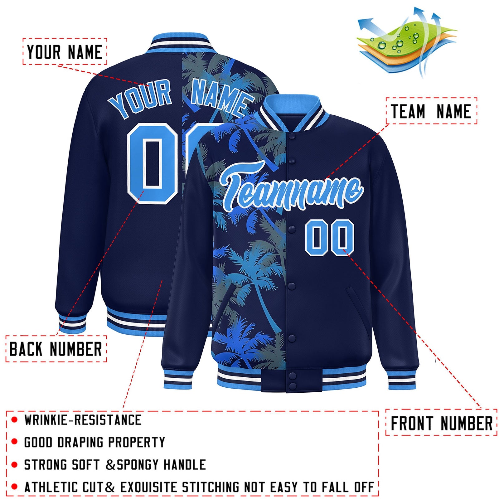 Custom Navy Varsity Full-Snap Flower Pattern Letterman Two Tone Split Fashion Jacket