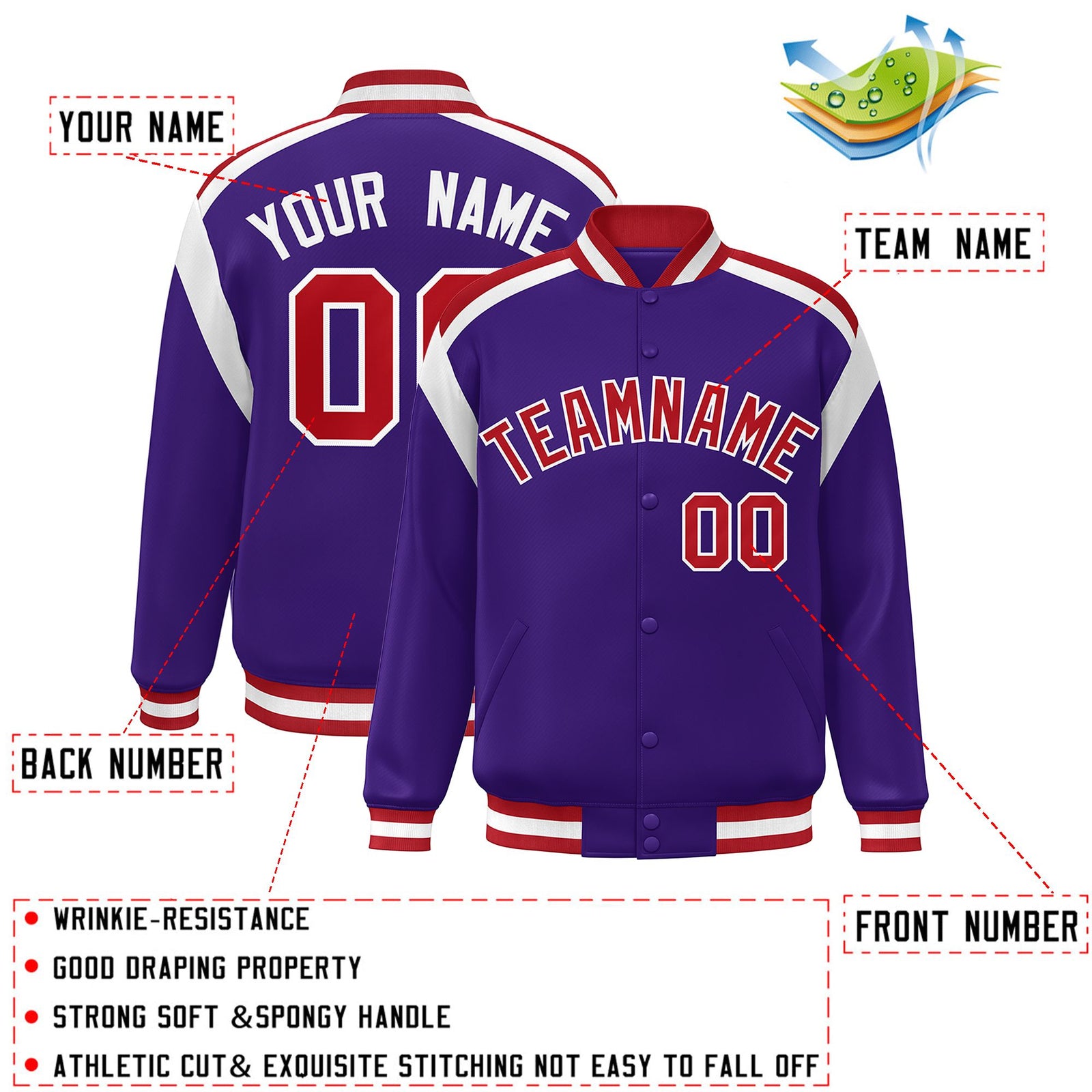 Custom Purple Varsity Full-Snap Color Block Letterman Jacket