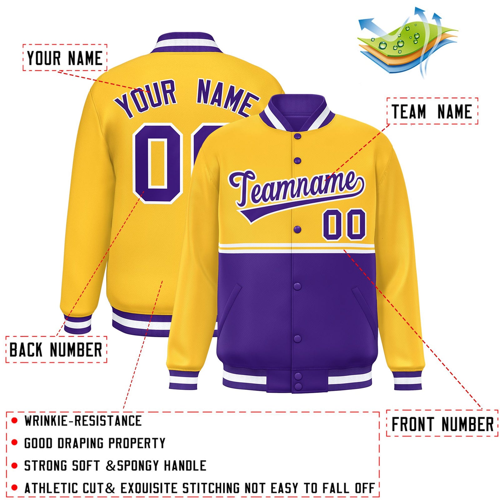Custom Gold Purple Varsity Full-Snap Color Block Letterman Jacket
