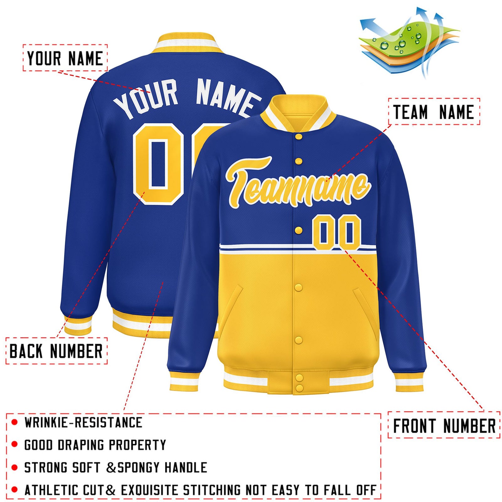 Custom Royal Gold Varsity Full-Snap Color Block Letterman Jacket