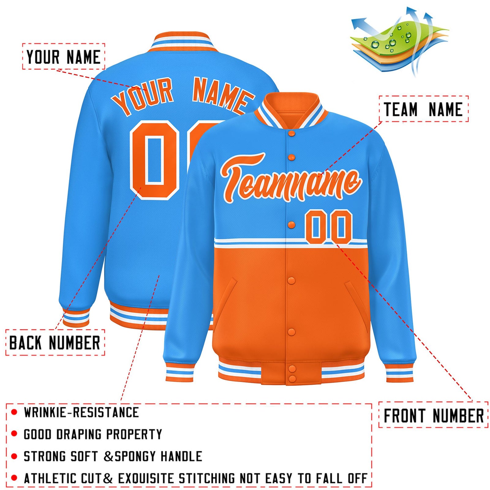 Custom Powder Blue Orange Varsity Full-Snap Color Block Letterman Jacket
