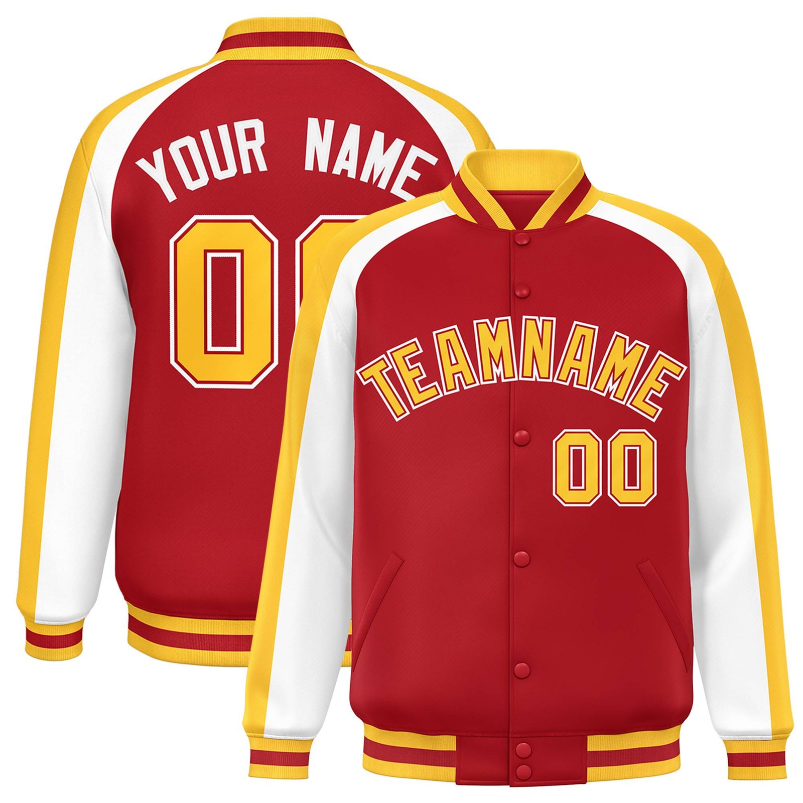 Custom Red White Varsity Full-Snap Color Block Personalized Raglan Sleeves Letterman Jacket