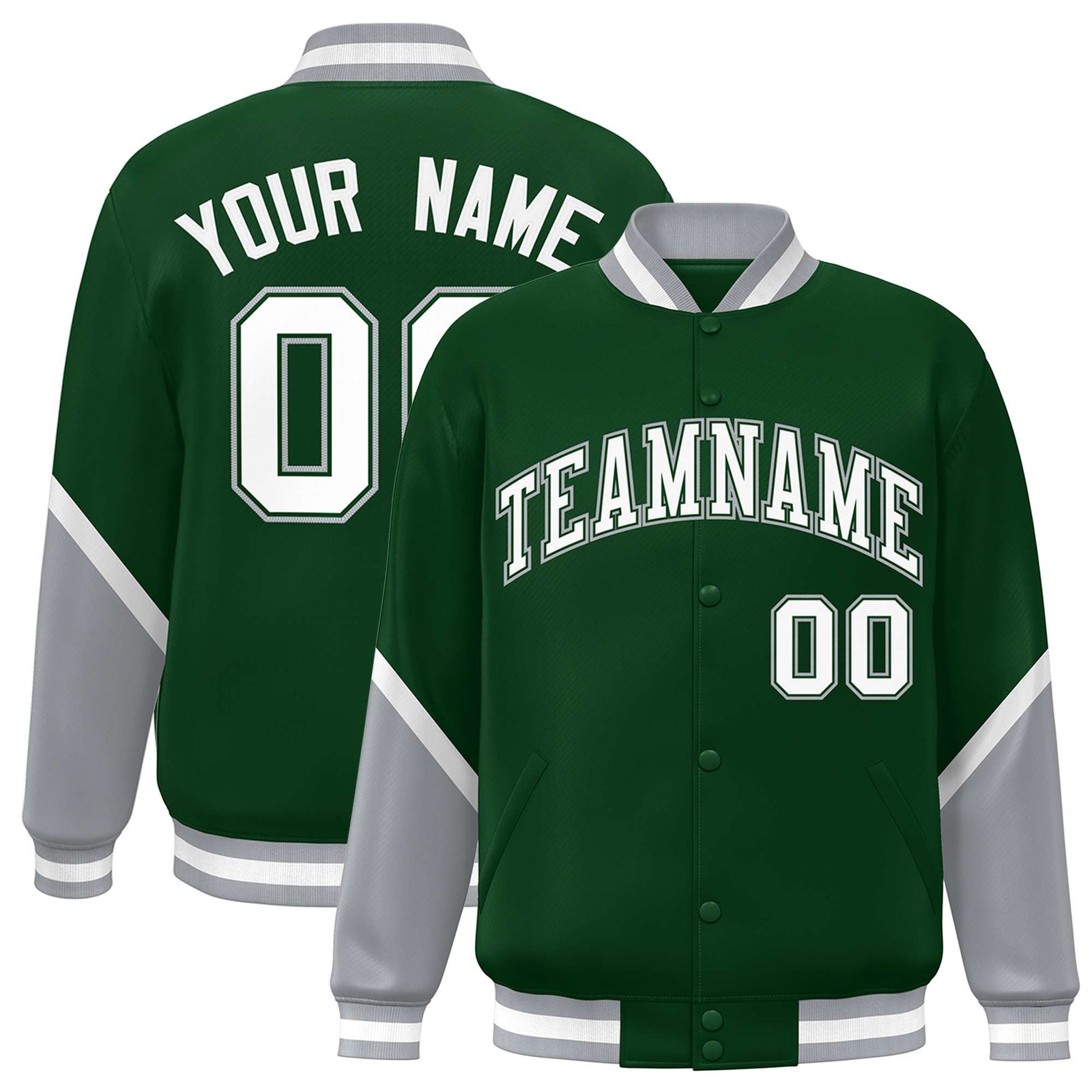Custom Green Gray Varsity Full-Snap Color Block Letterman Baseball Jacket