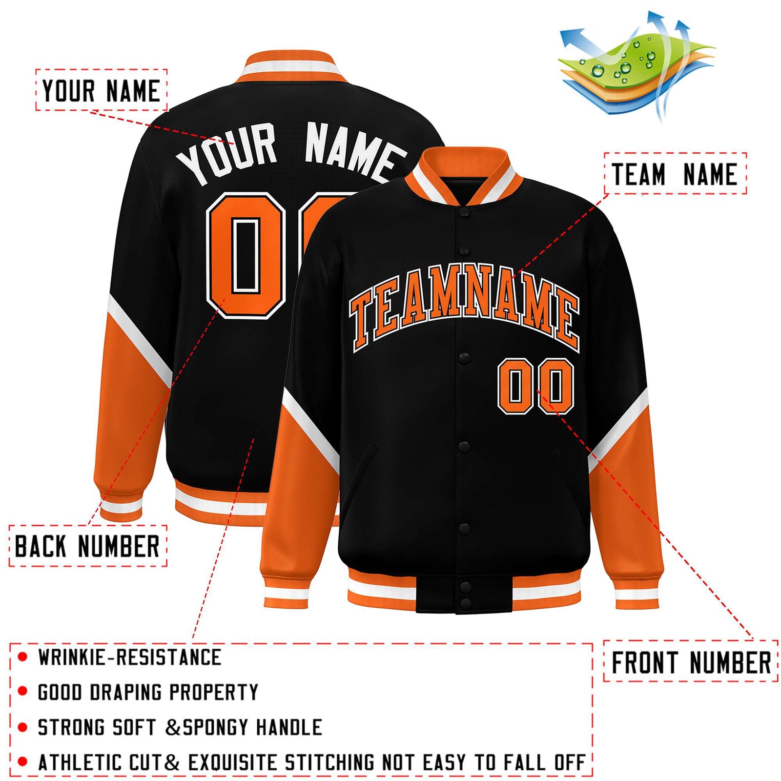 Custom Black Orange Varsity Full-Snap Color Block Letterman Baseball Jacket
