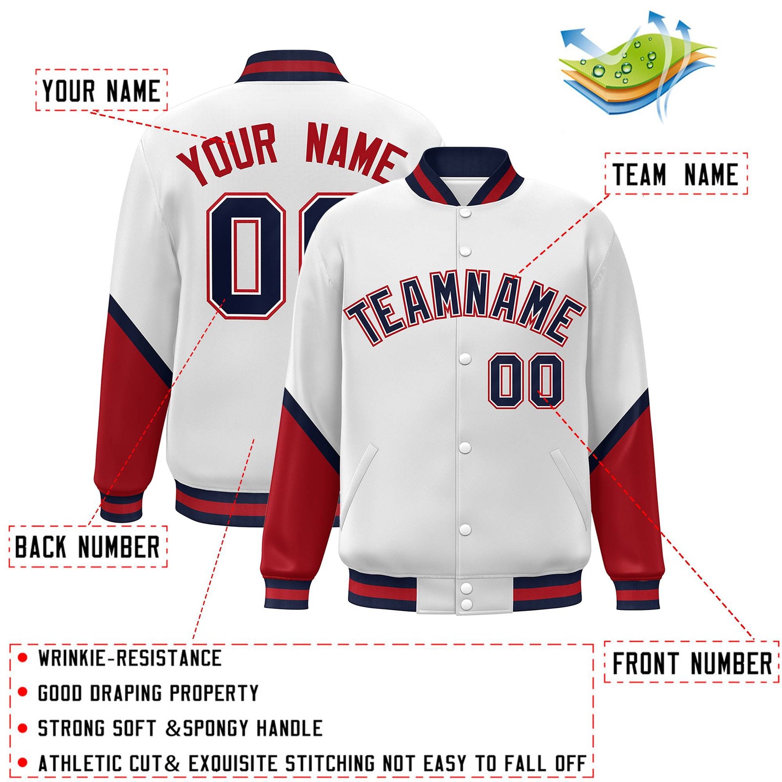 Custom White Red Varsity Full-Snap Color Block Letterman Baseball Jacket