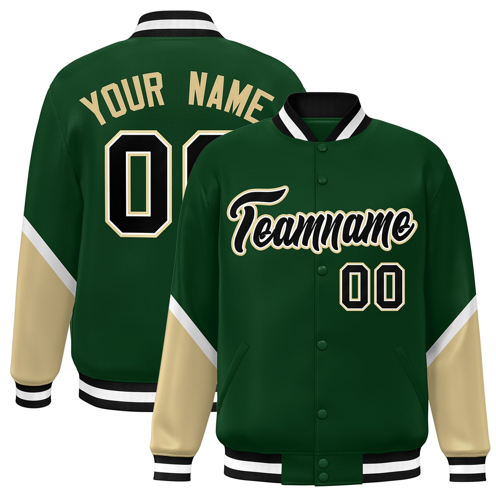 Custom Green Khaki Varsity Full-Snap Color Block Letterman Baseball Jacket