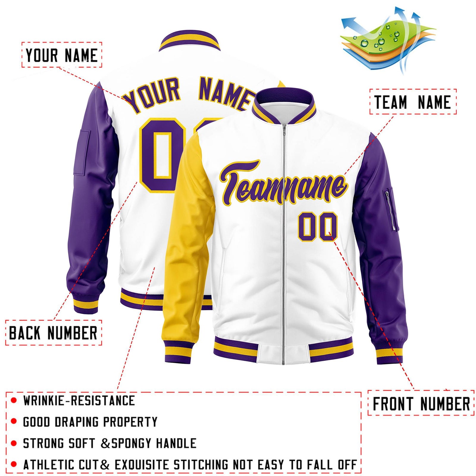 Custom White Purple-Gold Varsity Full-Zip Raglan Sleeves Letterman Bomber Jacket