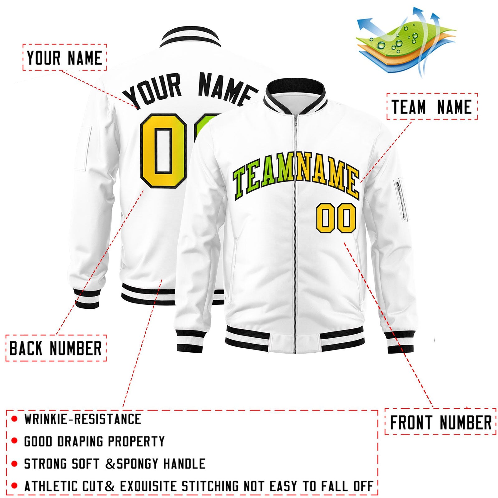 Custom White Full-Zip Gradient Fashion Letterman Bomber Jacket