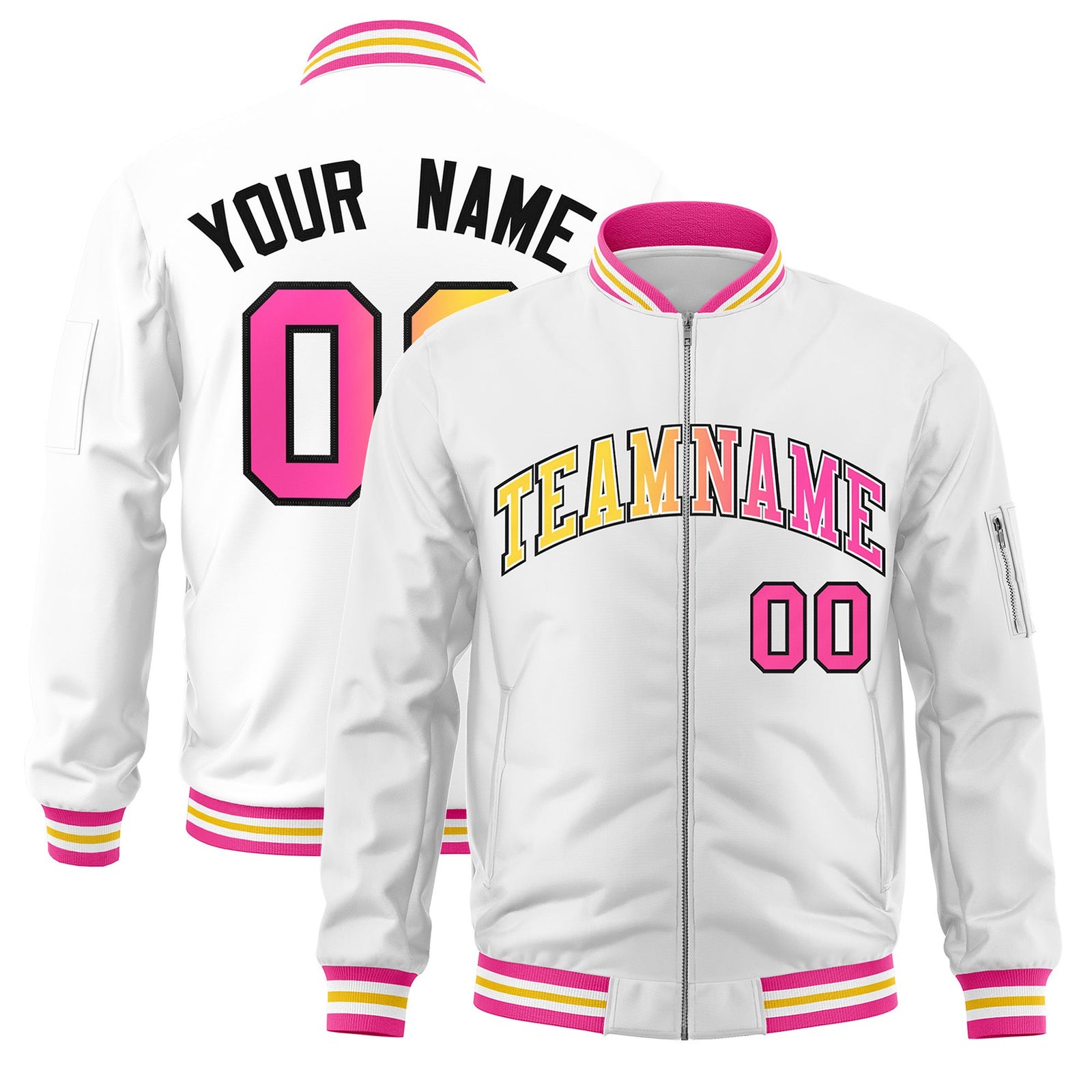 Custom White Full-Zip Gradient Fashion Letterman Bomber Jacket
