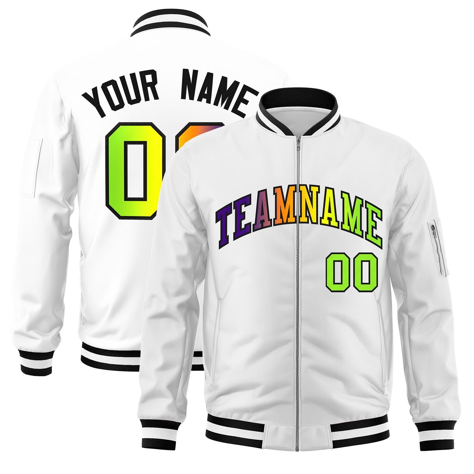 Custom White Full-Zip Gradient Fashion Letterman Bomber Jacket