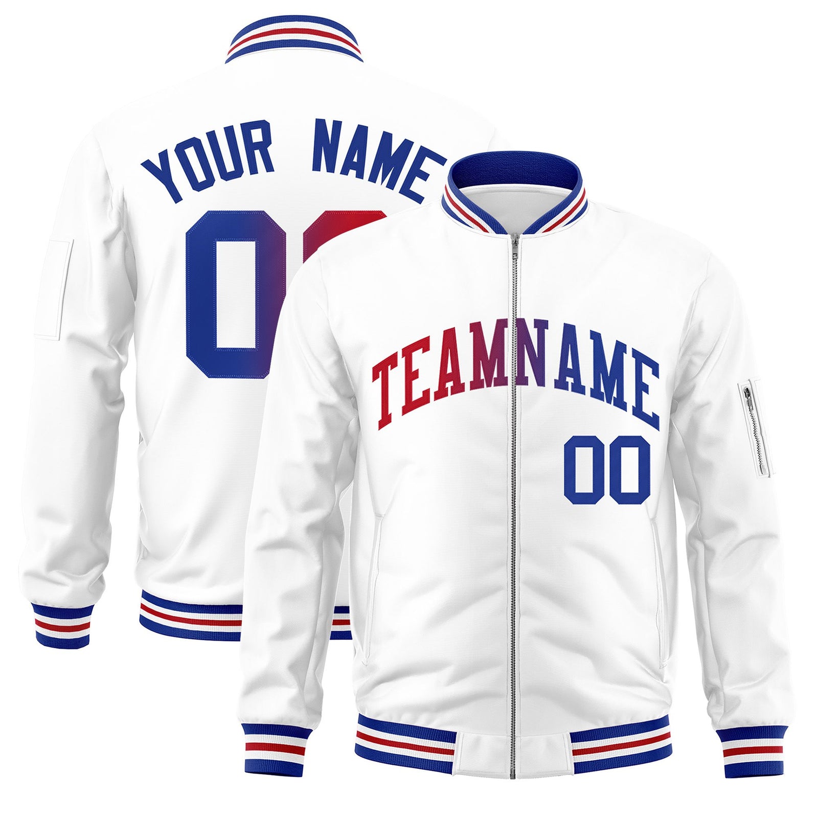 Custom White Full-Zip Gradient Fashion Letterman Bomber Jacket