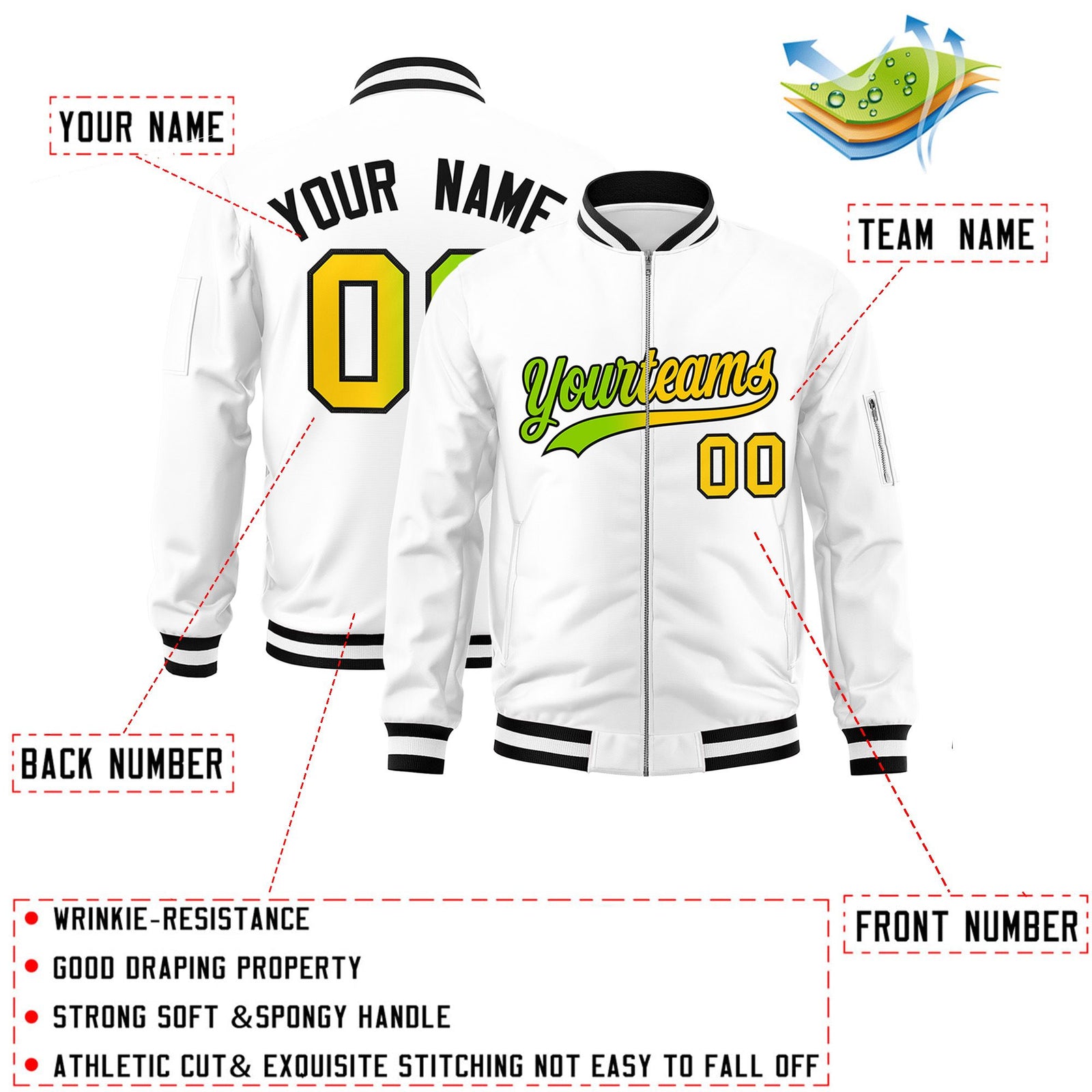 Custom White Full-Zip Gradient Fashion Letterman Bomber Jacket