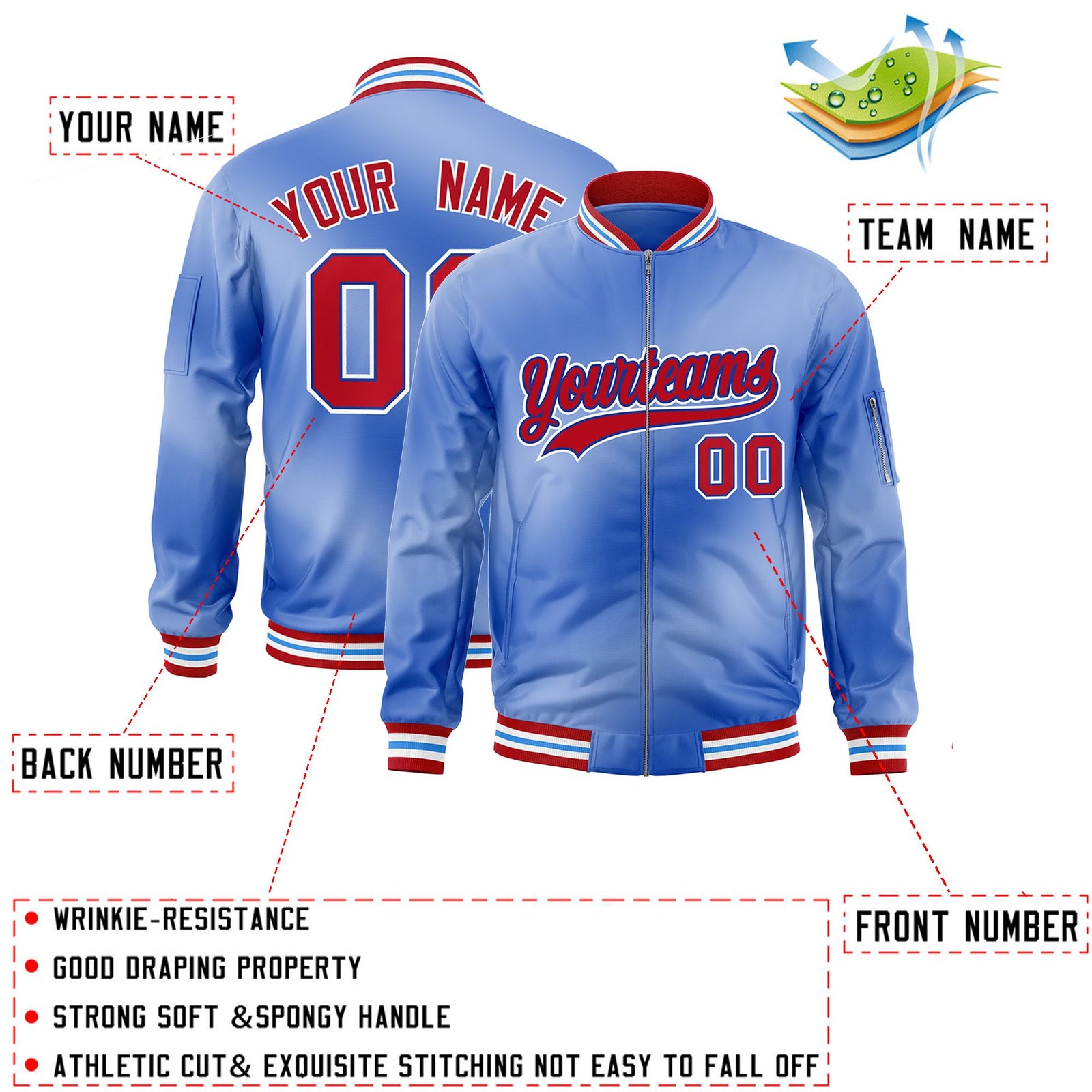 Custom Light Blue Full-Zip Gradient Fashion Letterman Bomber Jacket