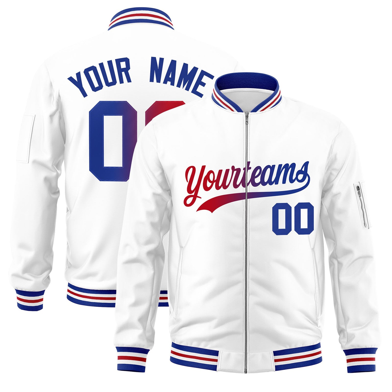 Custom White Full-Zip Gradient Fashion Letterman Bomber Jacket