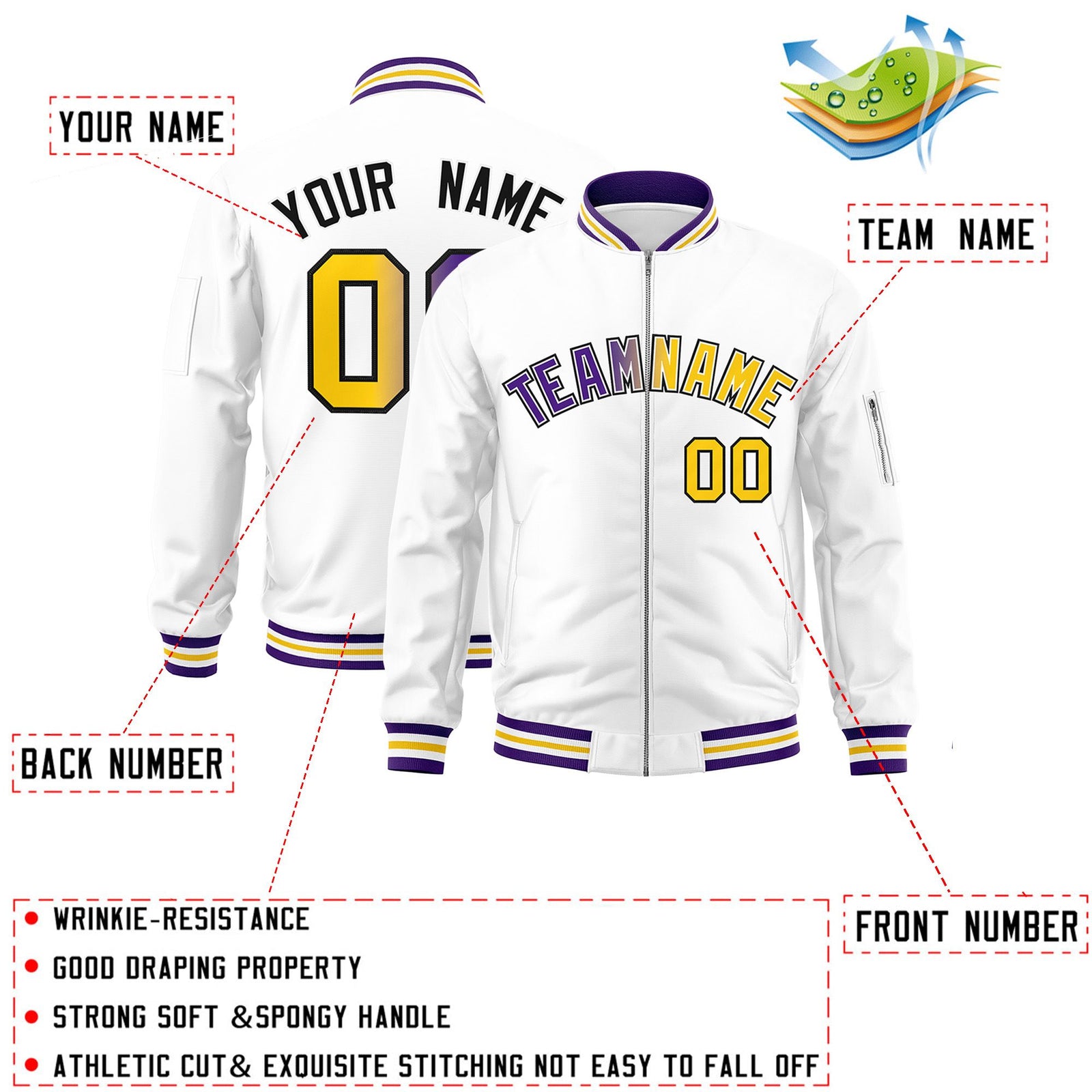 Custom White Full-Zip Gradient Fashion Letterman Bomber Jacket