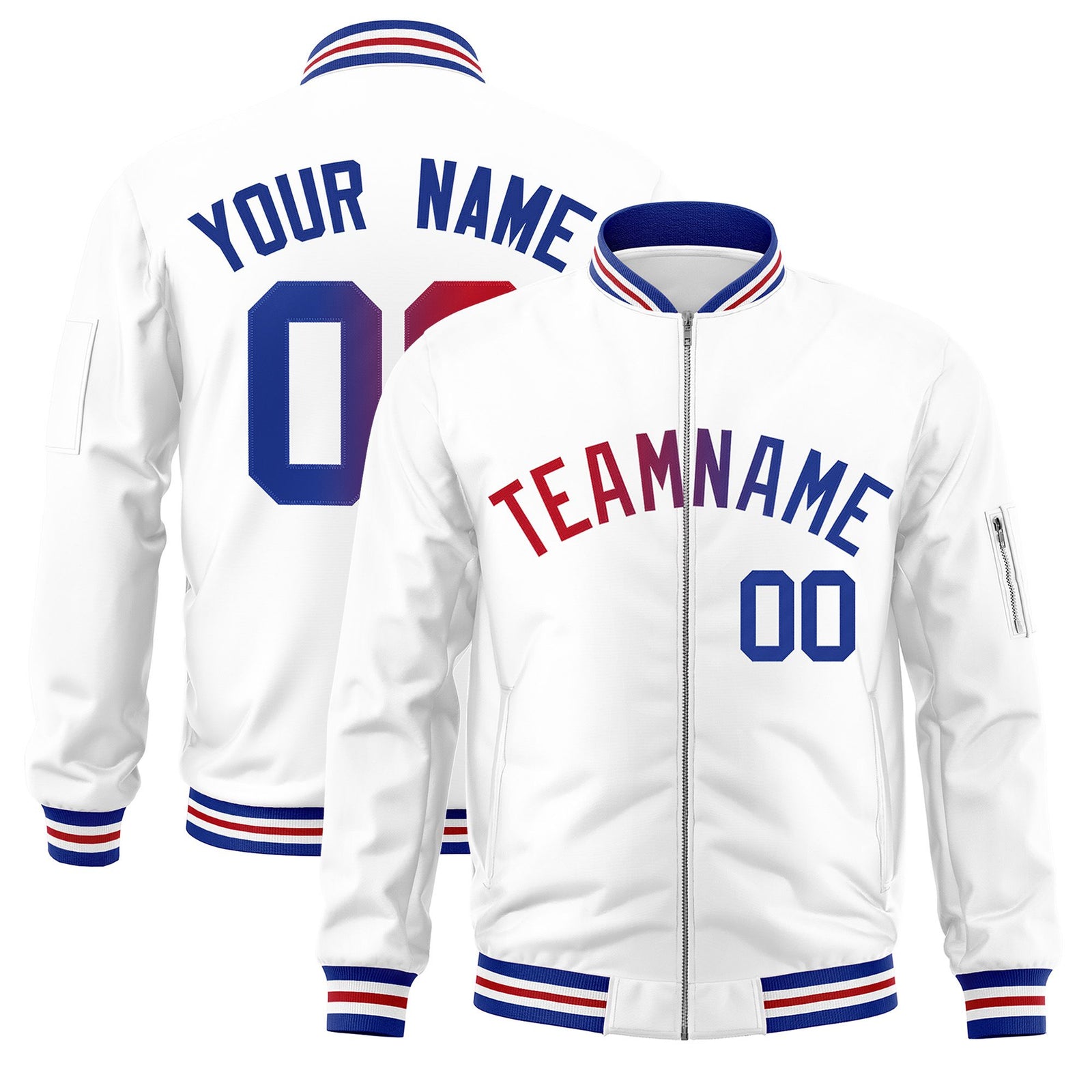 Custom White Full-Zip Gradient Fashion Letterman Bomber Jacket