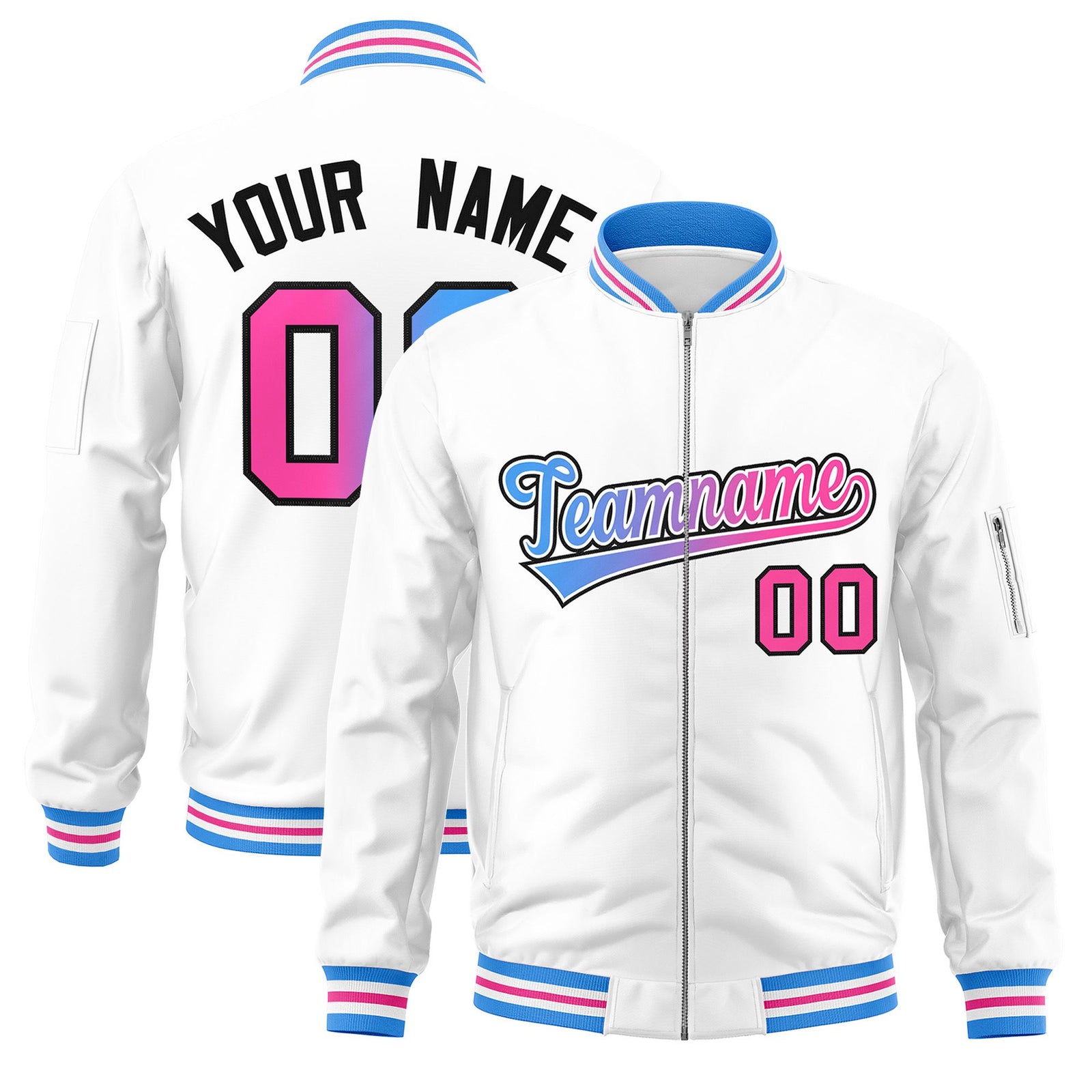 Custom White Full-Zip Gradient Fashion Letterman Bomber Jacket