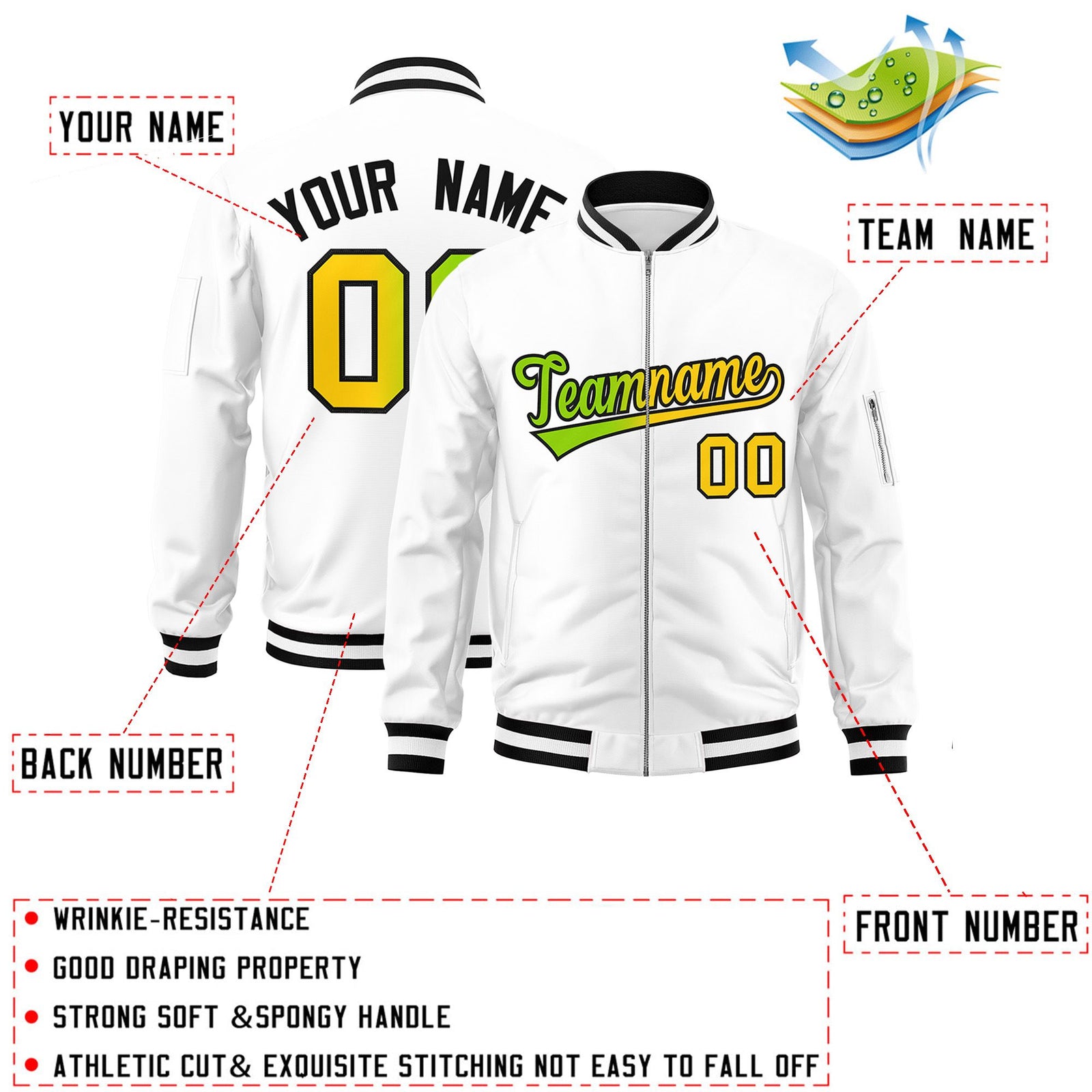 Custom White Full-Zip Gradient Fashion Letterman Bomber Jacket